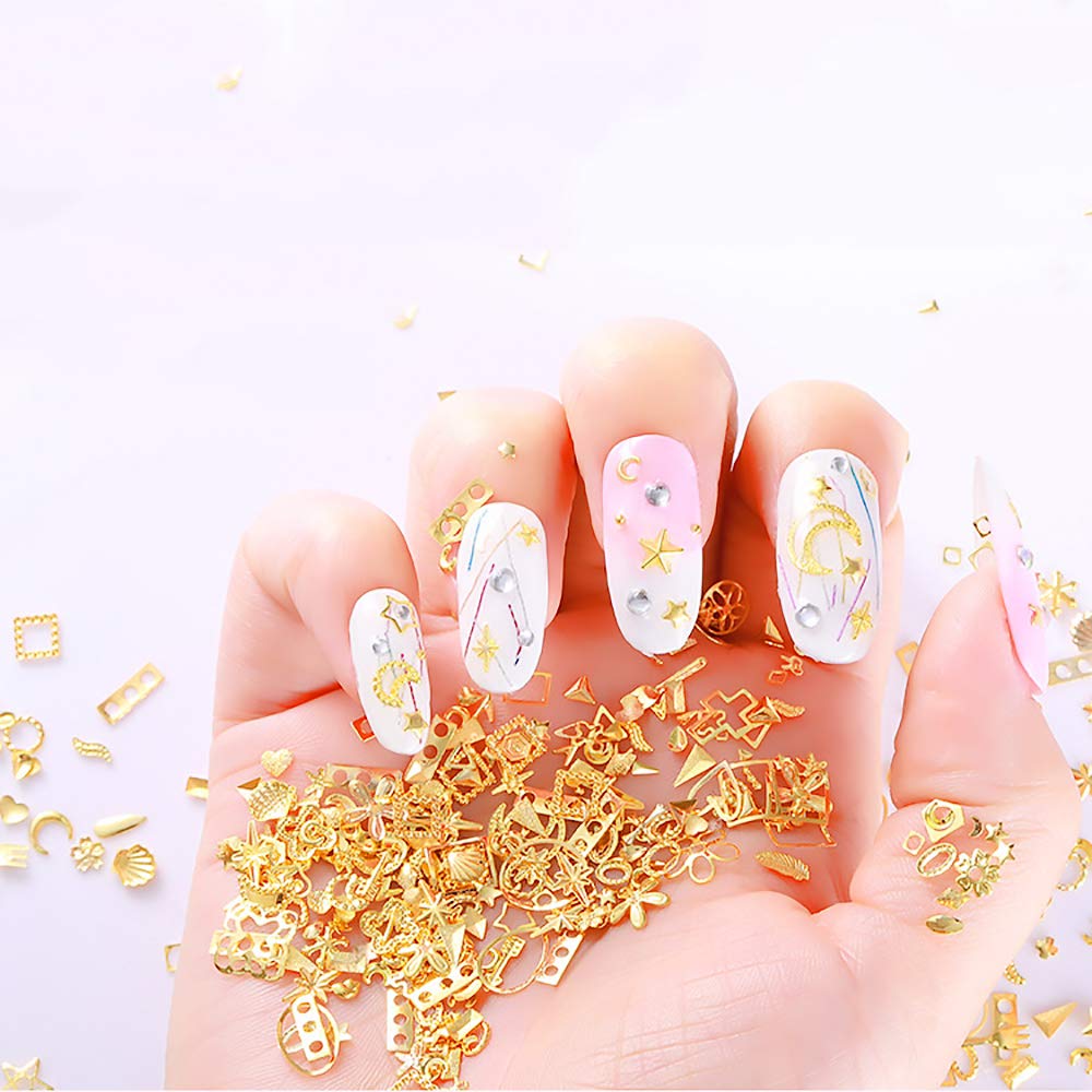 Wokoto 6 Boxes Gold Hollow Nail Metal Studs Modern Cross Geometry Nail Art Charm 3D Nail Jewelry Decoration With 1Pc Tweezers An
