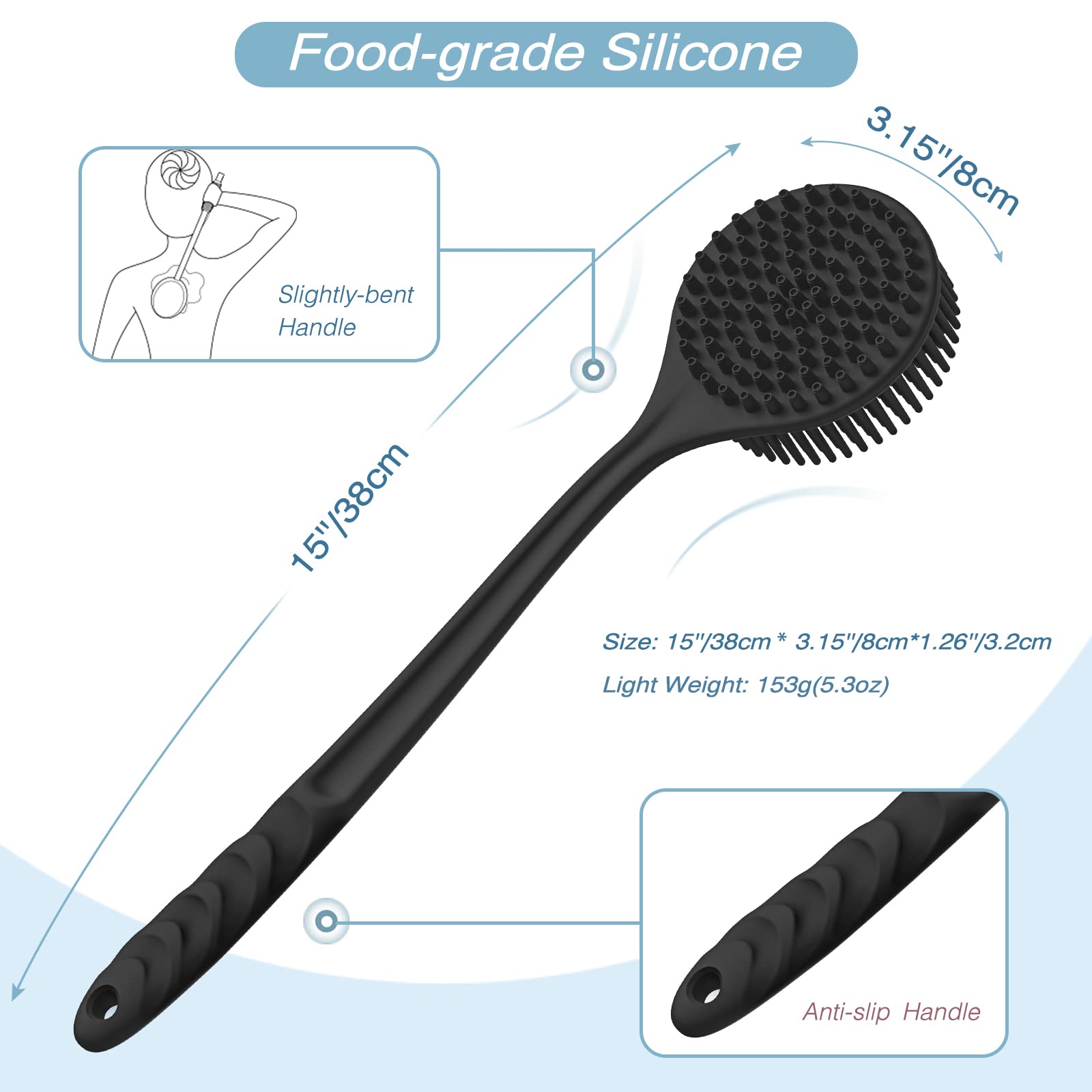 Manmihealth Silicone Back Scrubber(Thick Bristles) & Soft Bath Glove Set, Super-Exfoliating Body Scrubber & Super-Lathering Show