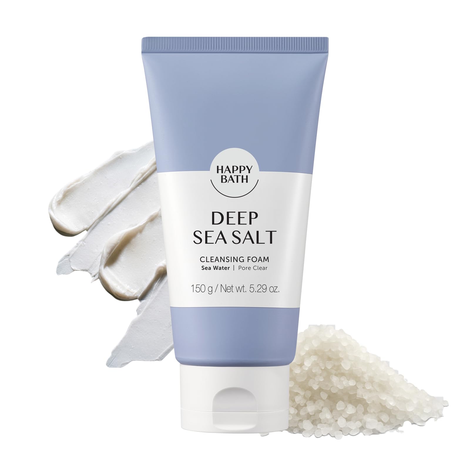 HAPPY BATH Deep Sea Salt Facial Cleanser, Exfoliating Face wash with Cellulose beads, Combination to Oily Skin, Korean Foaming F