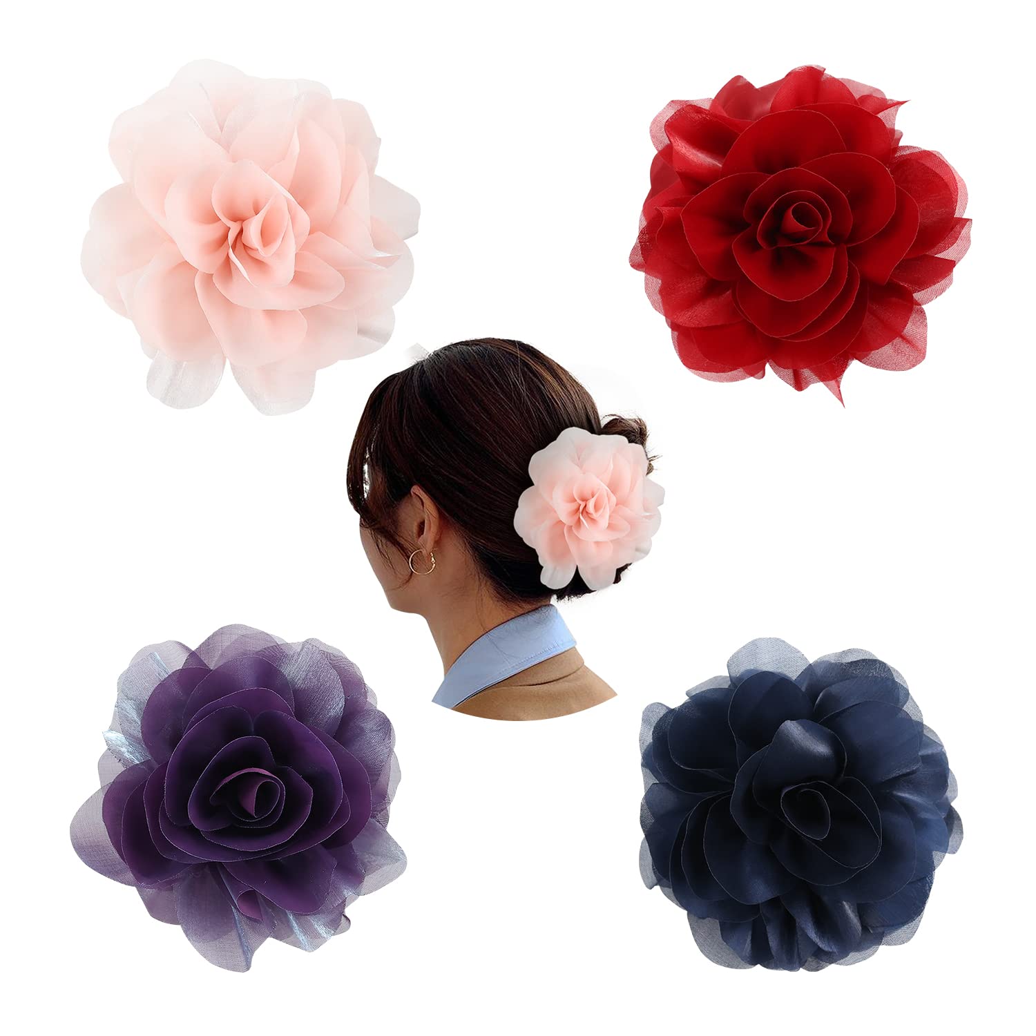 Cinaci 4 Pack Chiffon Big Rose Flower Bow Plastic Hair Claw Clips Barrettes Clamps Ponytail Holder Buns Chignon Holder Accessori
