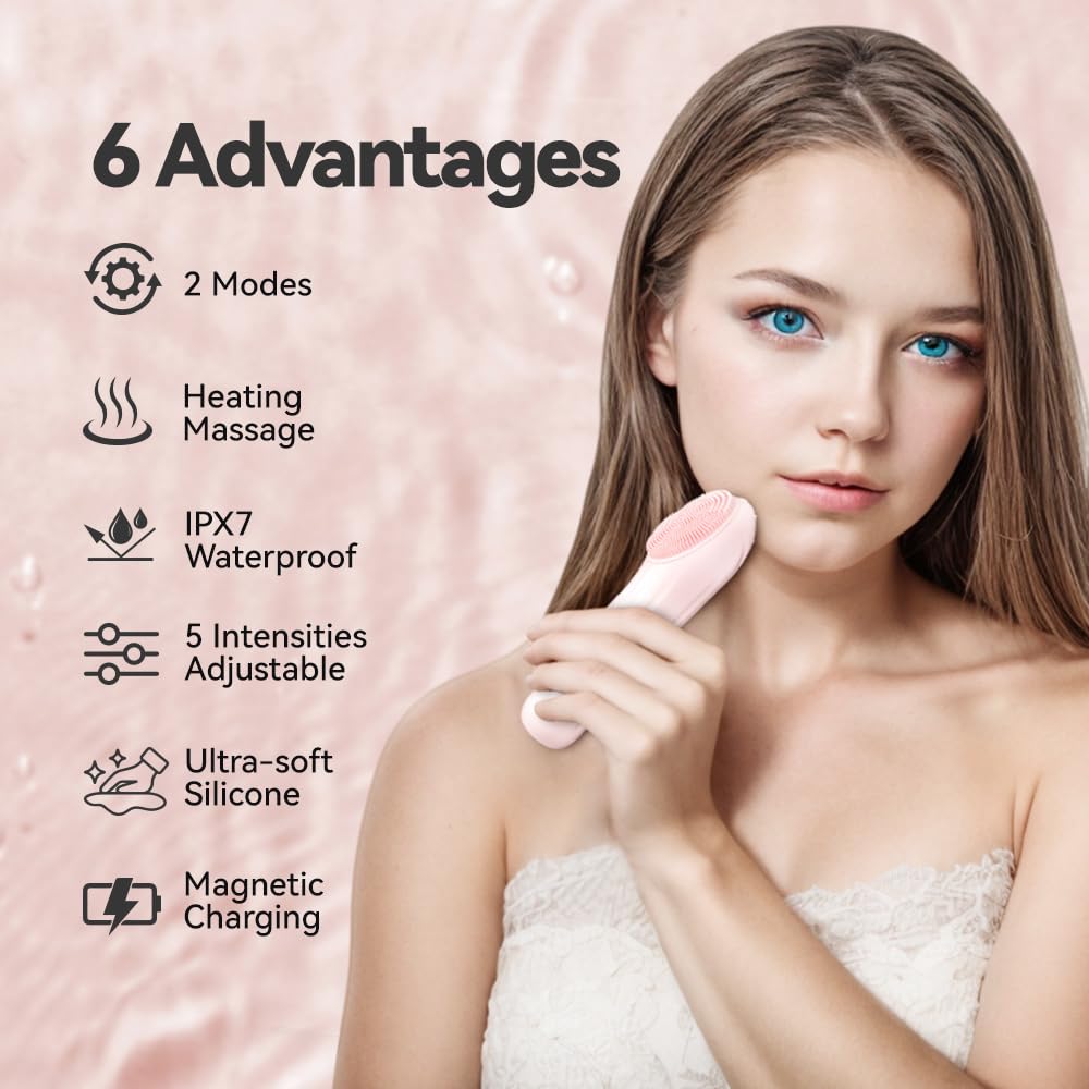 Silicone Face Scrubber, Facial Cleansing Brush With Heating And Vibration, Electric Waterproof Face Wash Brush With 5 Strength A