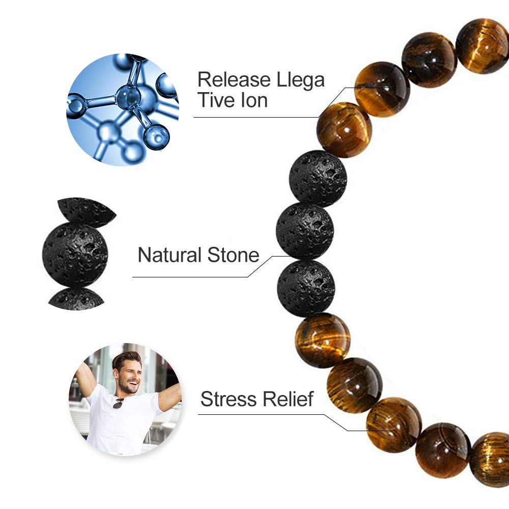 M MOOHAM Bead Bracelet for Mens Gifts, Natural Tiger Eye Black Lava Rock Stone Mens Anxiety Bracelets, Adjustable Aromatherapy E