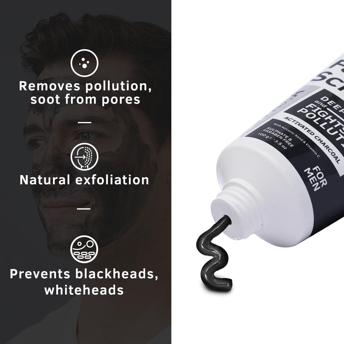 Ustraa Face Scrub for Men - 100g - with Activated charcoal, Tahitian Volcanic Sand & Walnut Granules - Great for Exfoliating ski