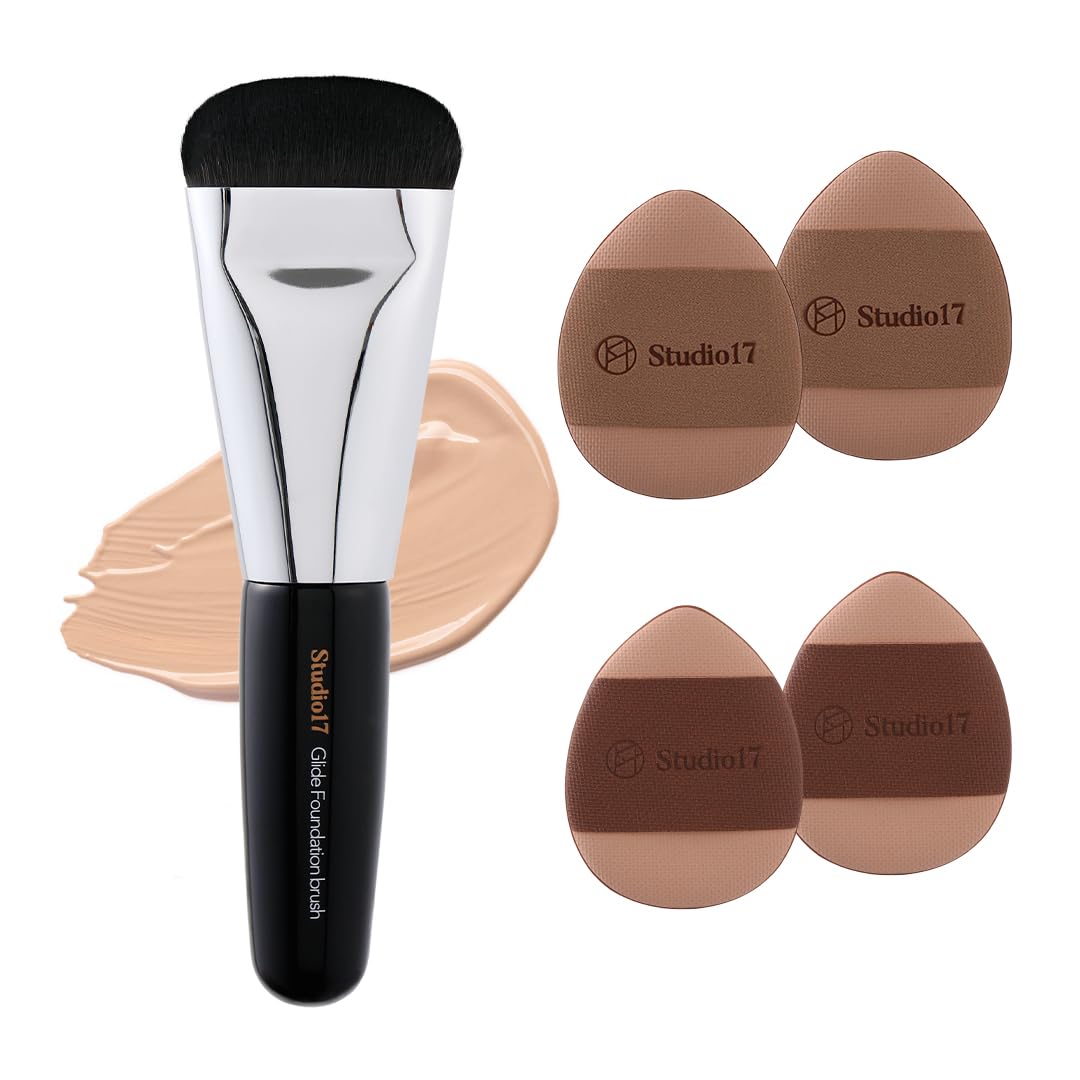 Studio17 Flat Foundation Brush & Small Puff Set | Small Makeup Brush Set with 4 Mini Sized Puffs | Kit for Liquid Foundation Mak
