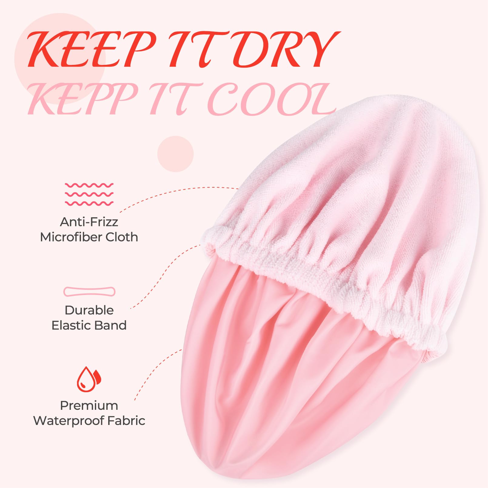 Pink Shower Cap For Women Terry Lined Bath Cap Large Reusable Waterproof Elastic Band Shower Caps For Long Thick Hair Soft Bath