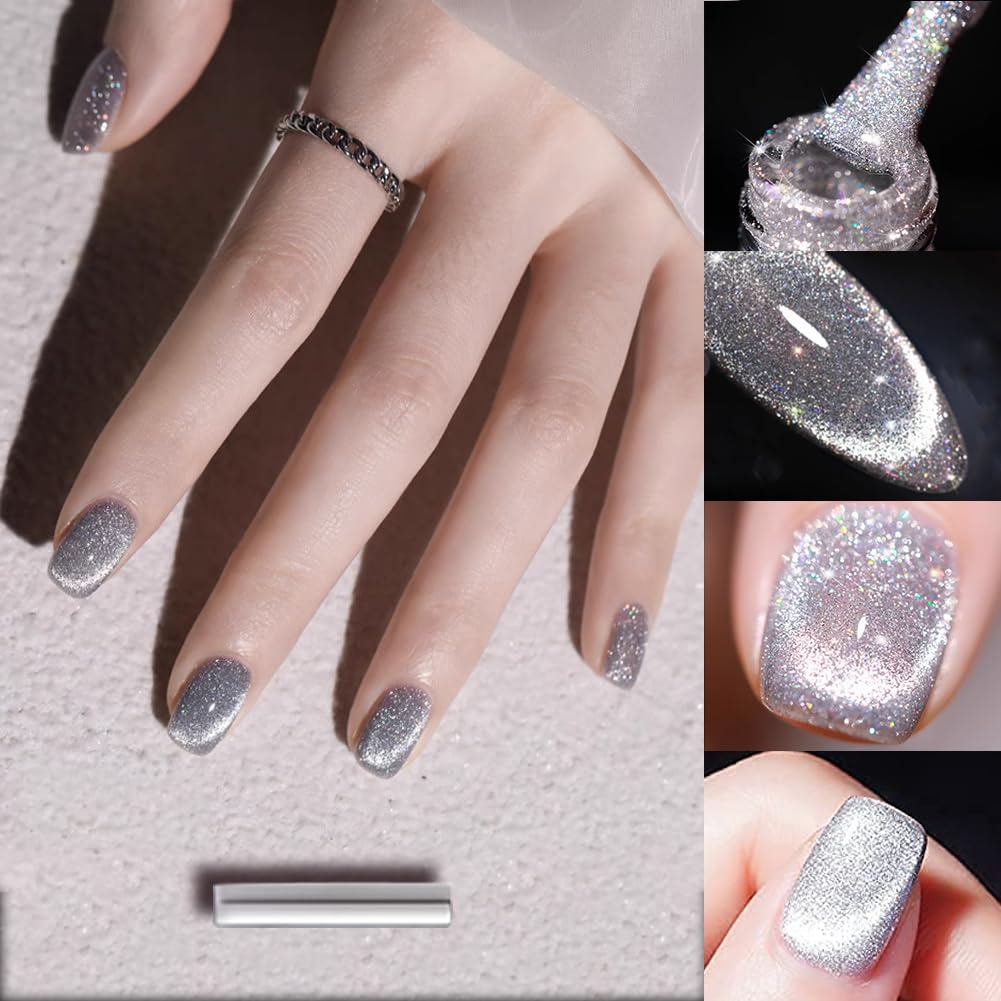Veronni Reflective Diamond Cat Eye Gel Nail Polish Sparkle Explosion Diamond Gel Nail Bright Silver Glitter Cat Eye Gel Bungee N