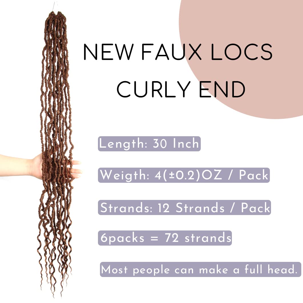 BOHOBABE 30 Inch New Faux Locs With Curly End 6 Packs Soft Locs Crochet Hair 72 Strands Long Natural Crochet Braids (6Packs,30#)