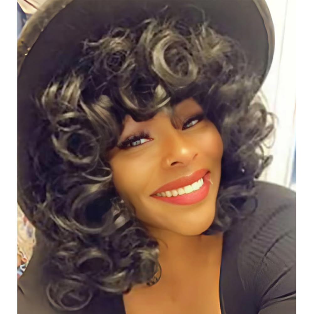 Kavsni Short Curly Wigs for Black Women Soft Black Big Curly Wig with Bangs Afro Kinky Curls Heat Resistant Natural Looking Synt