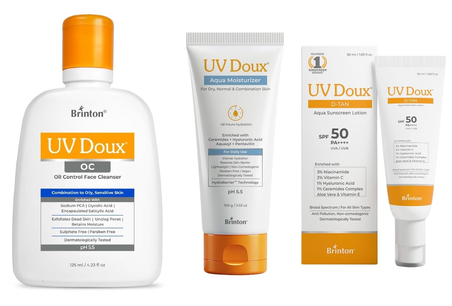 Uv Doux OC Cleasner 125ml | UV Doux Aqua Moisturizer 100gm | UV Doux DTan Aqua Sunscreen Lotion SPF 50 PA++++ 50ml