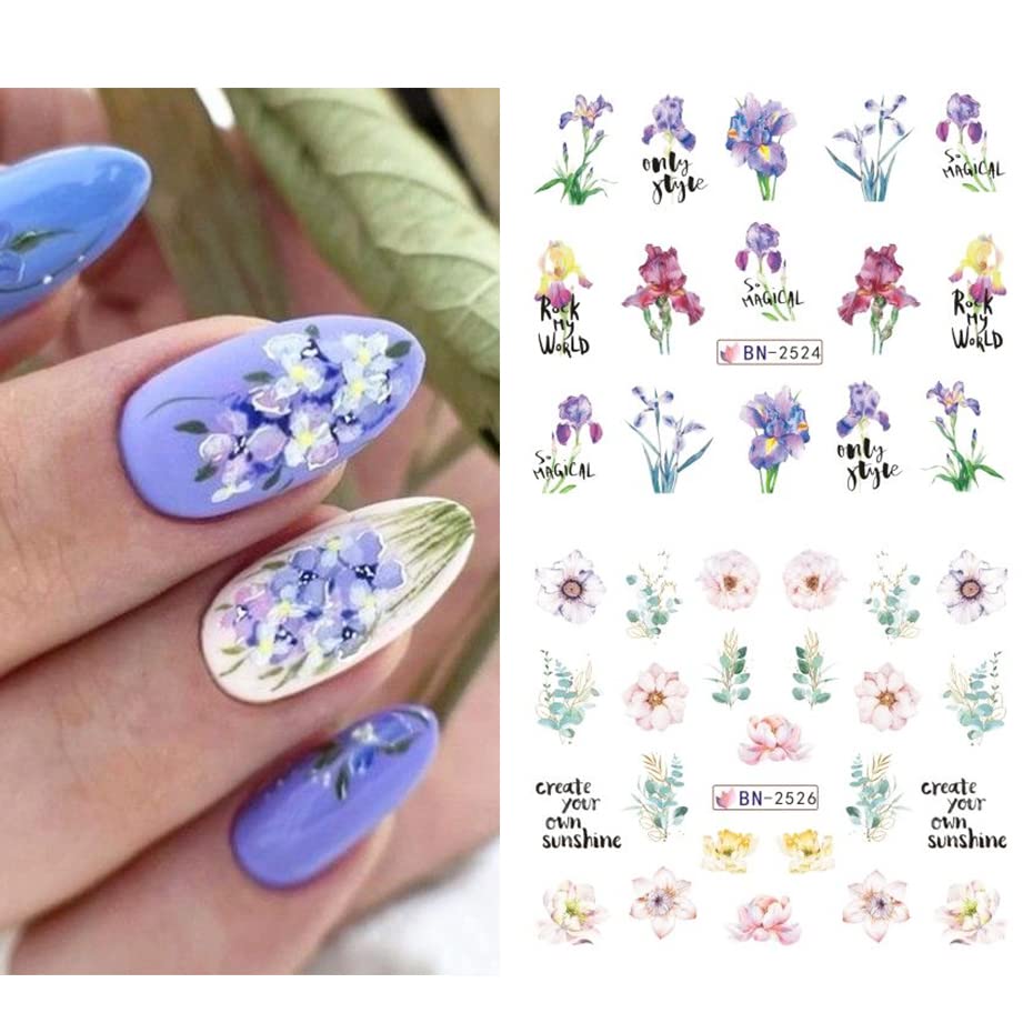 Flower Nail Art Stickers Decals Water Transfer Foils For Nails Art Supplies Spring Summer Tulips Floral Butterfly Leaf Design Ac