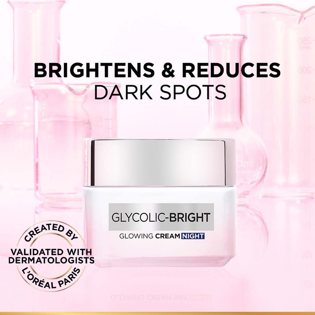 L'Oreal Paris Glycolic Bright Glowing Night Cream, 15ml |Overnight Brightening Cream with Glycolic Acid that Visbily Minimizes S