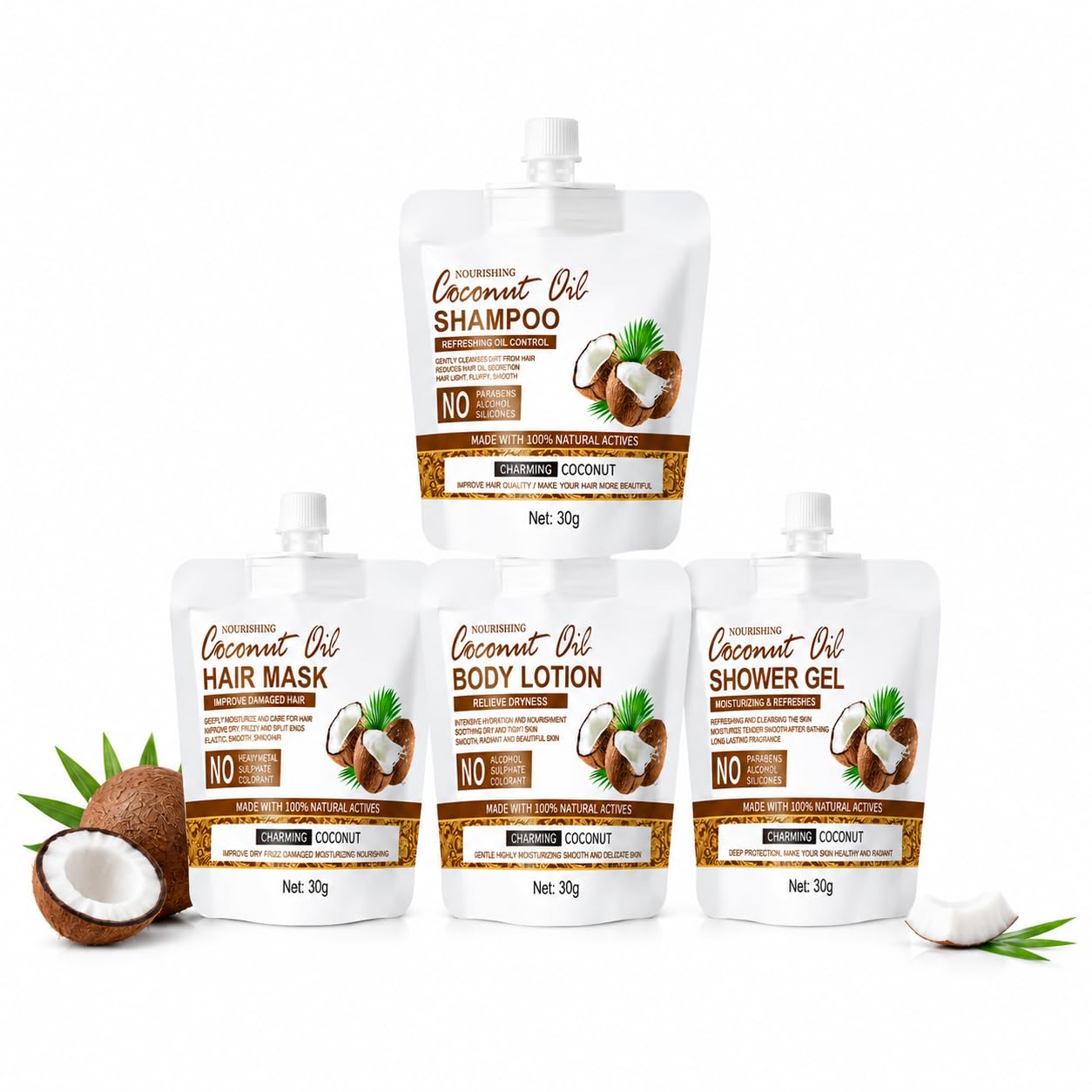 Coconut Oil Hair & Body Care Set, 4 Pieces Travel Kit