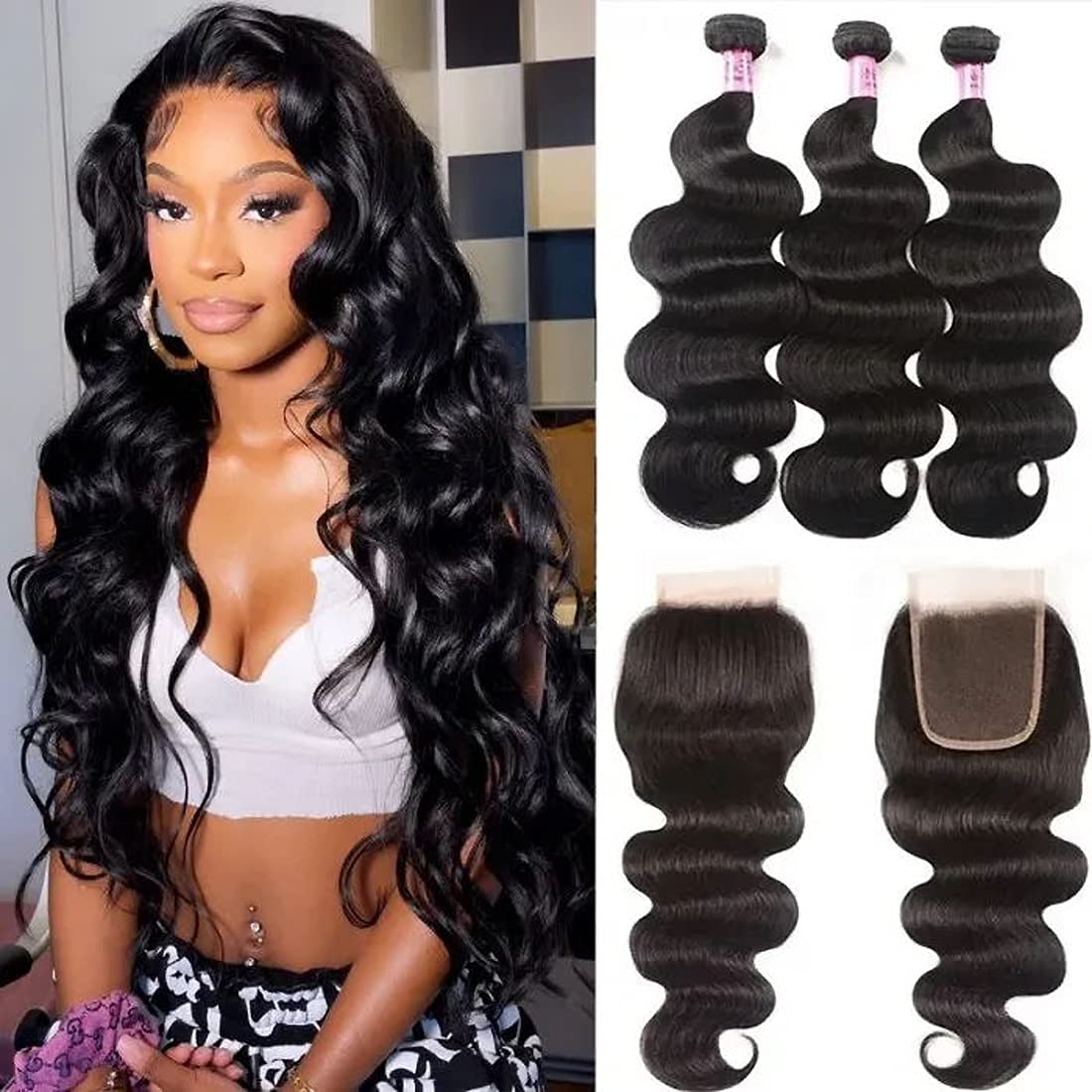 UNice Hair Icenu Series Brazilian Body Wave 3 Bundles with Free Part Lace Closure, Unprocessed Virgin Human Hair Wefts Extension