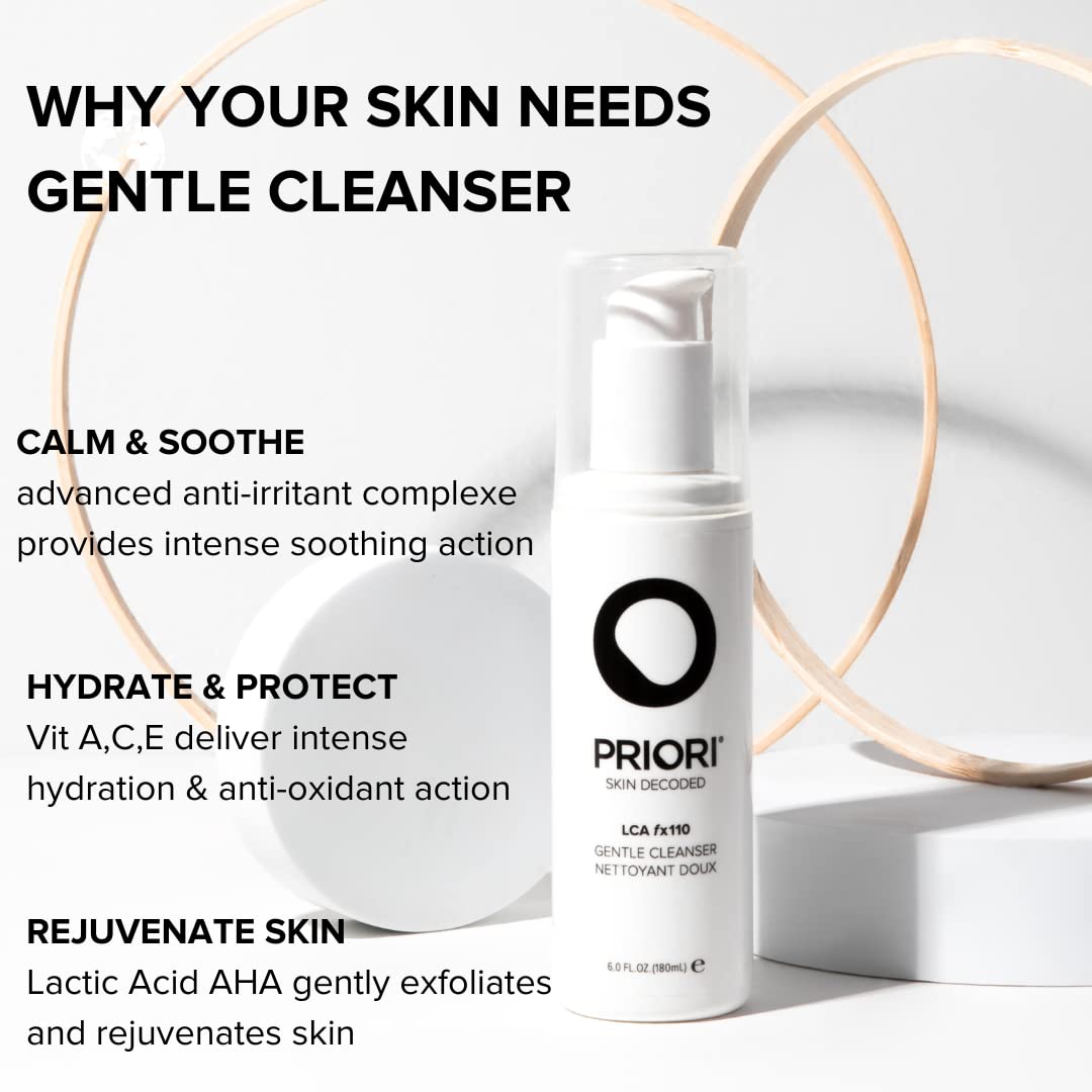 PRIORI Skincare Gentle Face Cleanser with Lactic Acid, Vitamins A, C, E Intense Hydration Light Exfoliation Women and Men All Sk