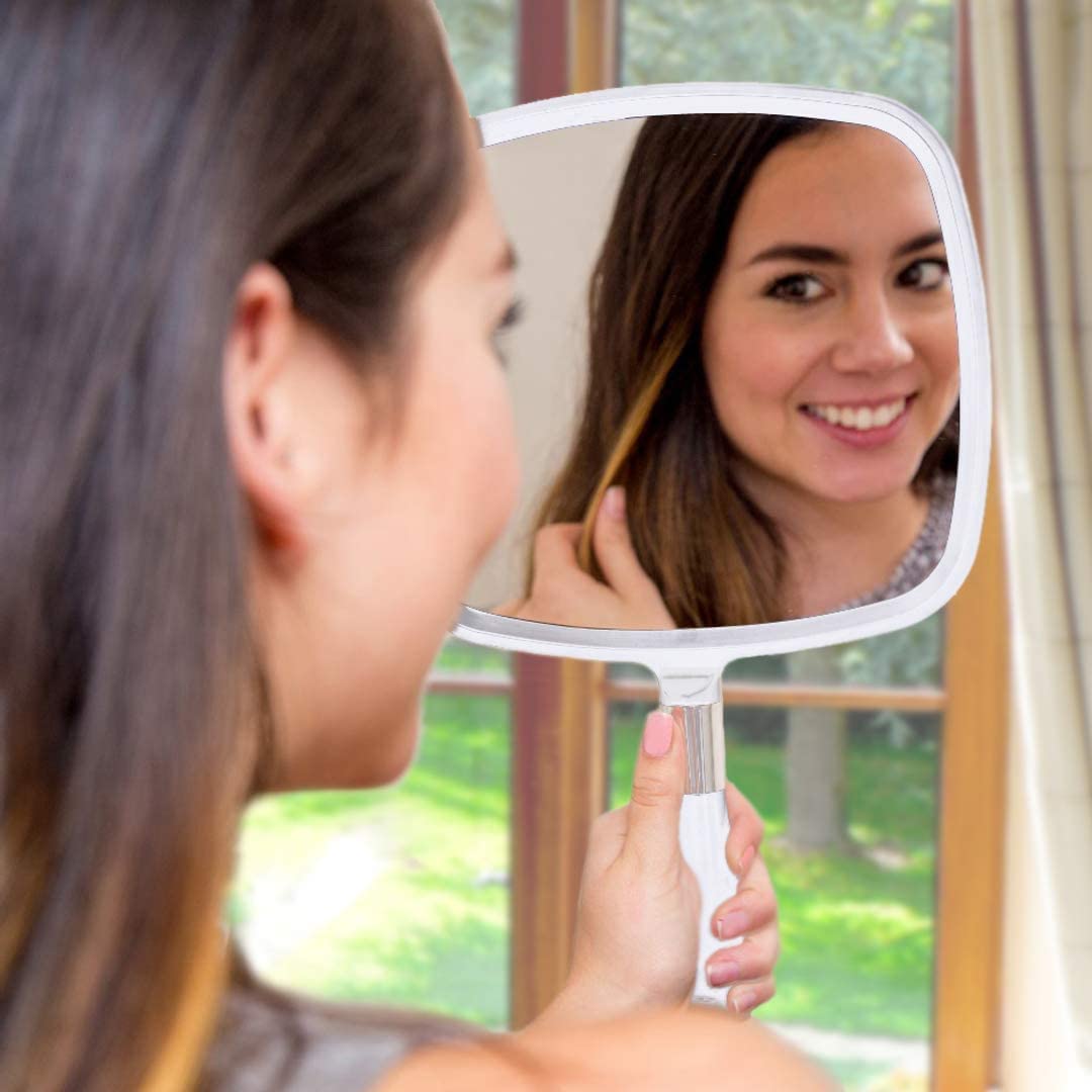 MIRRORVANAA Large Hand Held Mirror with comfy Handle for Women and Men - Personal Barber Haircut Mirror to See Back of Head - Es