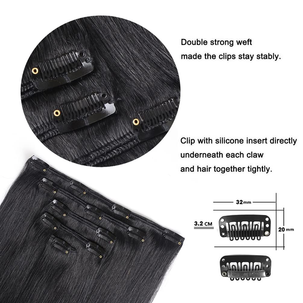 5 Pieces 14'' Remy Clip In Hair Extensions Human Hair Jet Black - Silky Straight Thick Real Hair Extensions For Women (14 Inches