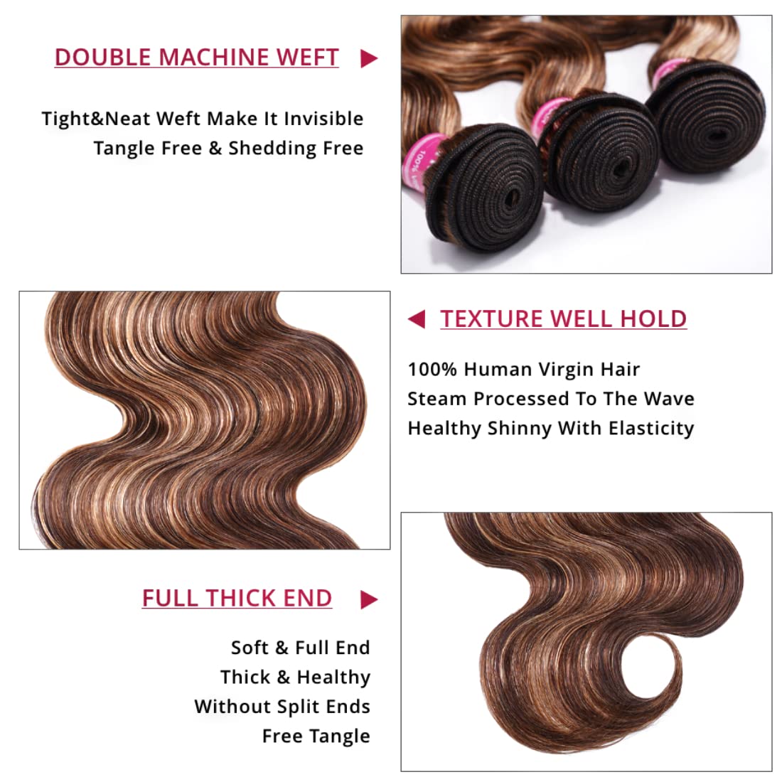 Unice Honey Blonde Highlight Body Wave Human Hair Weave 1 Bundle 18 Inch, Brazilian Remy Hair Dark Root Ombre Blonde Human Hair