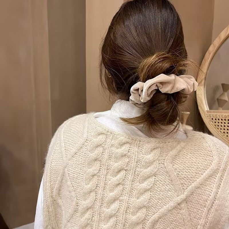 TUCEWP Velvet Scrunchies for Women Girls 4Pcs Large Brown Black Scrunchies Long Thick Curly Hair Soft Hair Bands Neutral Scrunch