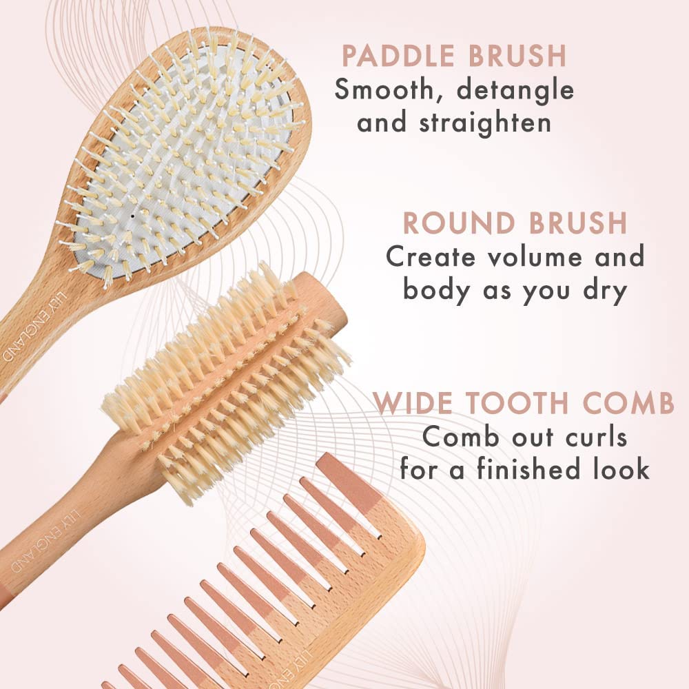 Wooden Hair Brush Set - Paddle Brush, Round Brush & Comb, Hair Brushes With Soft Bristles, Hairbrushes For Women By Lily England