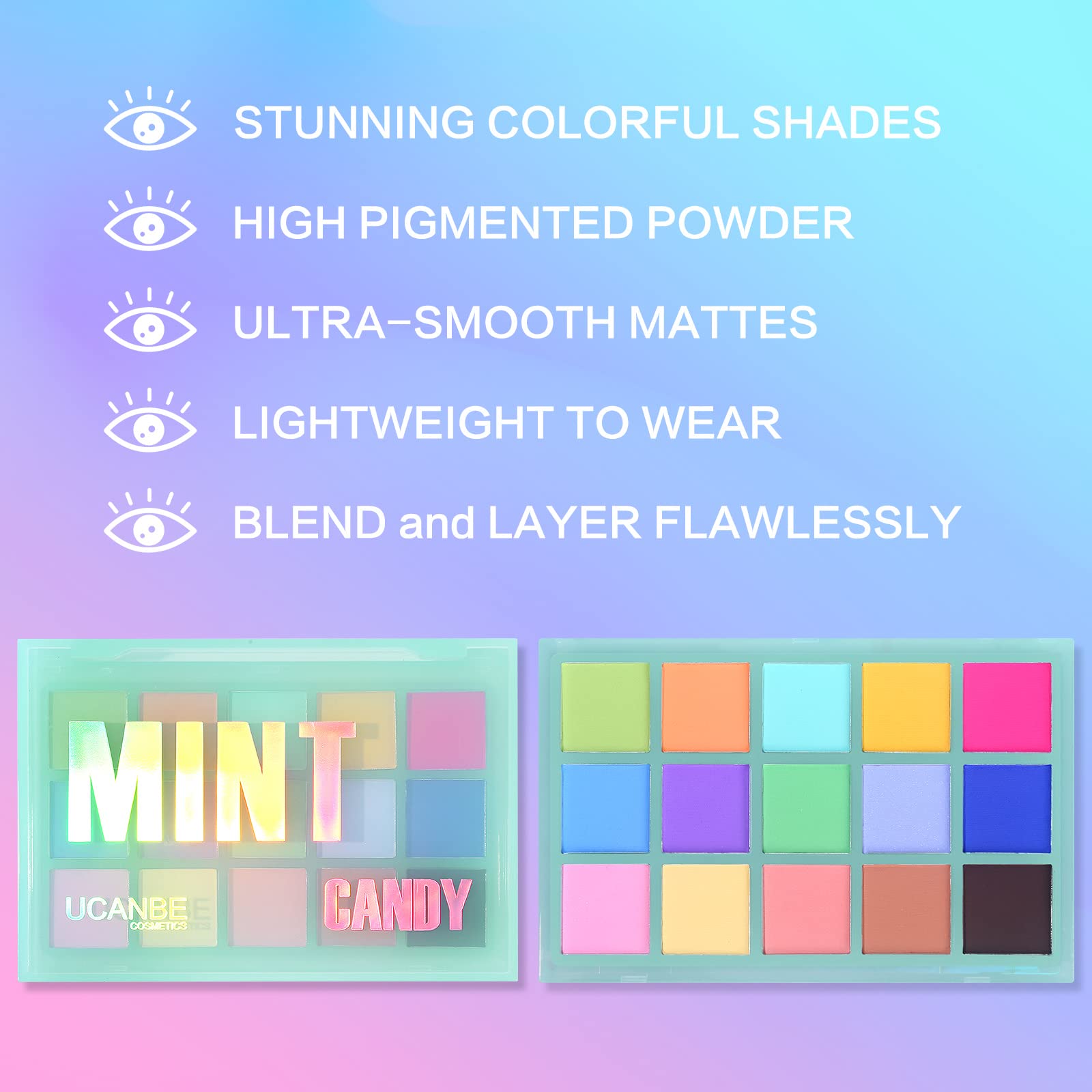 Ucanbe Colorful Matte Makeup Eyeshadow Palette, 15 Shades Vibrant Macaron Pastel Eye Shadow Pallet, High Pigmented Blendable Rai