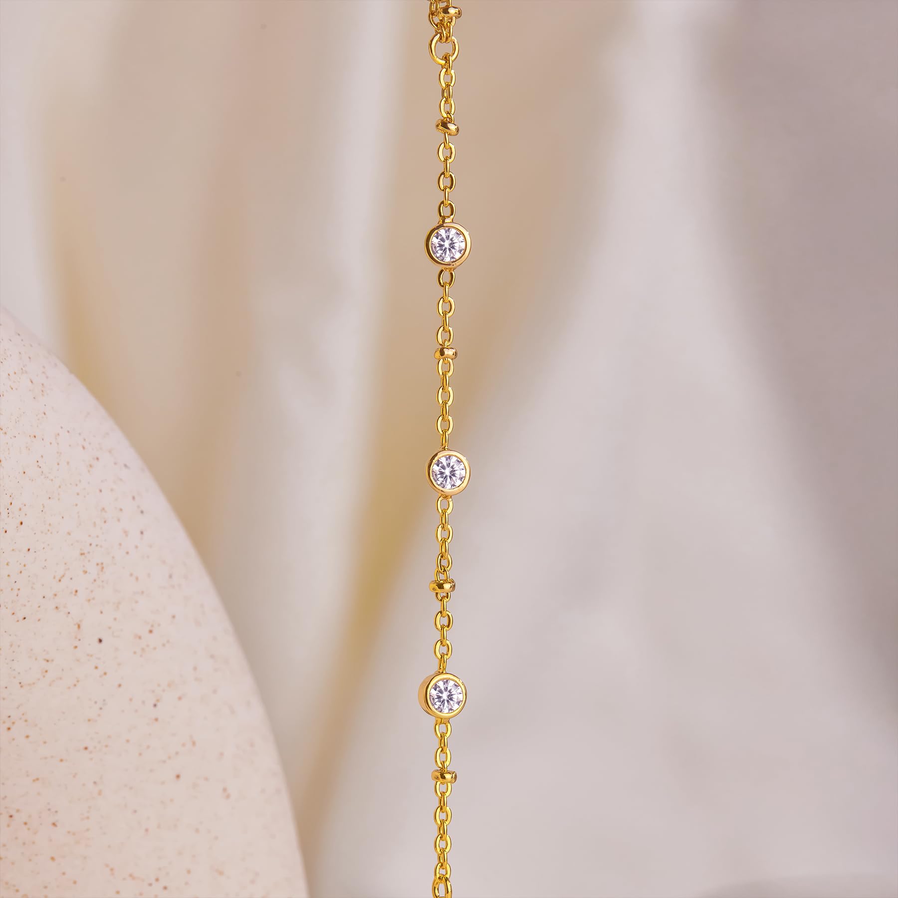 Poxtex Gold Beaded Bracelets for Girls Waterproof, 14K Real Gold CZ Diamond Bezel Hand Chain Bracelets, Dainty Adjustable Bracel