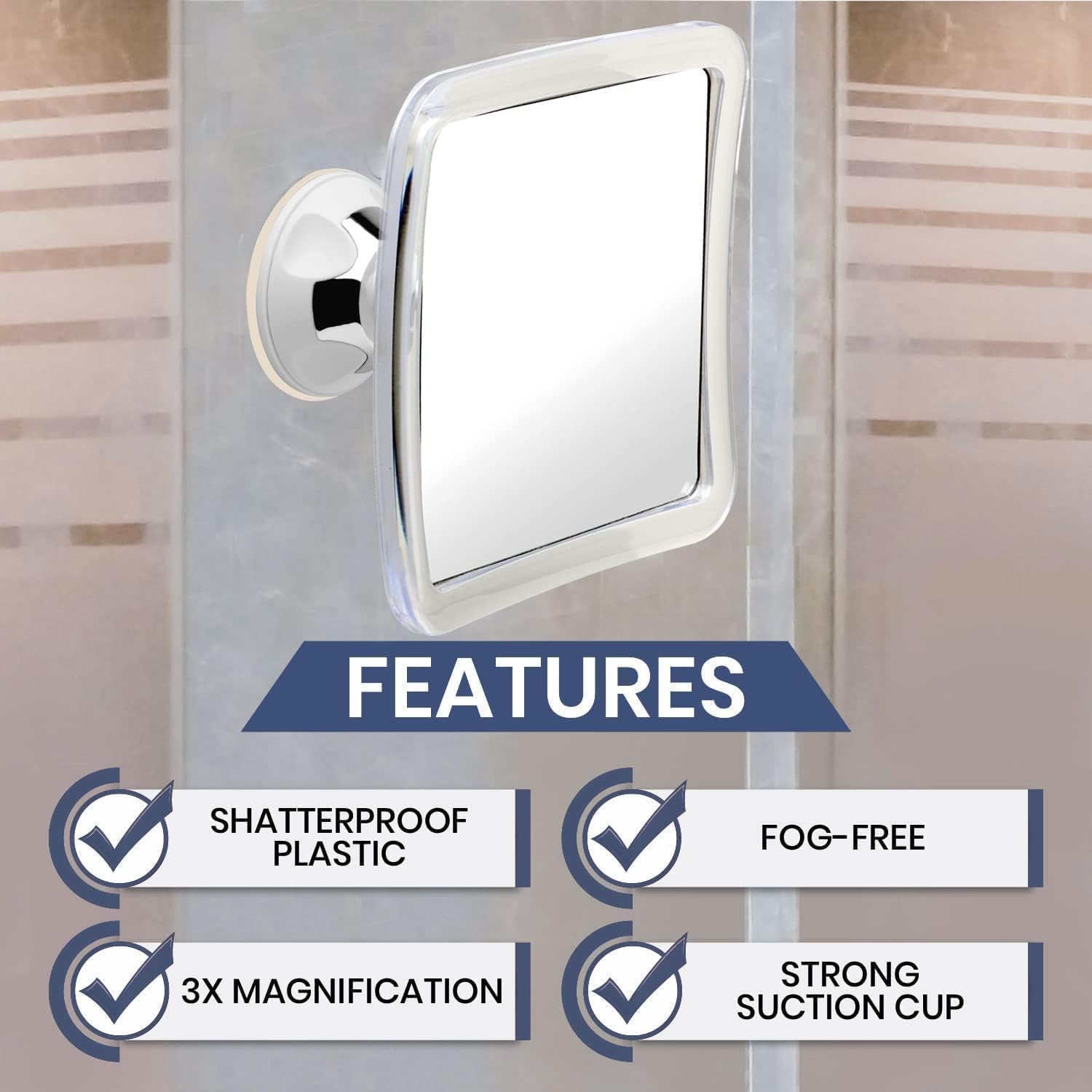 3X Magnifying Shower Mirror For Fogless Shaving With Suction Cup, Shatterproof Surface And 360 Swivel, 6.3'' X 6.3''