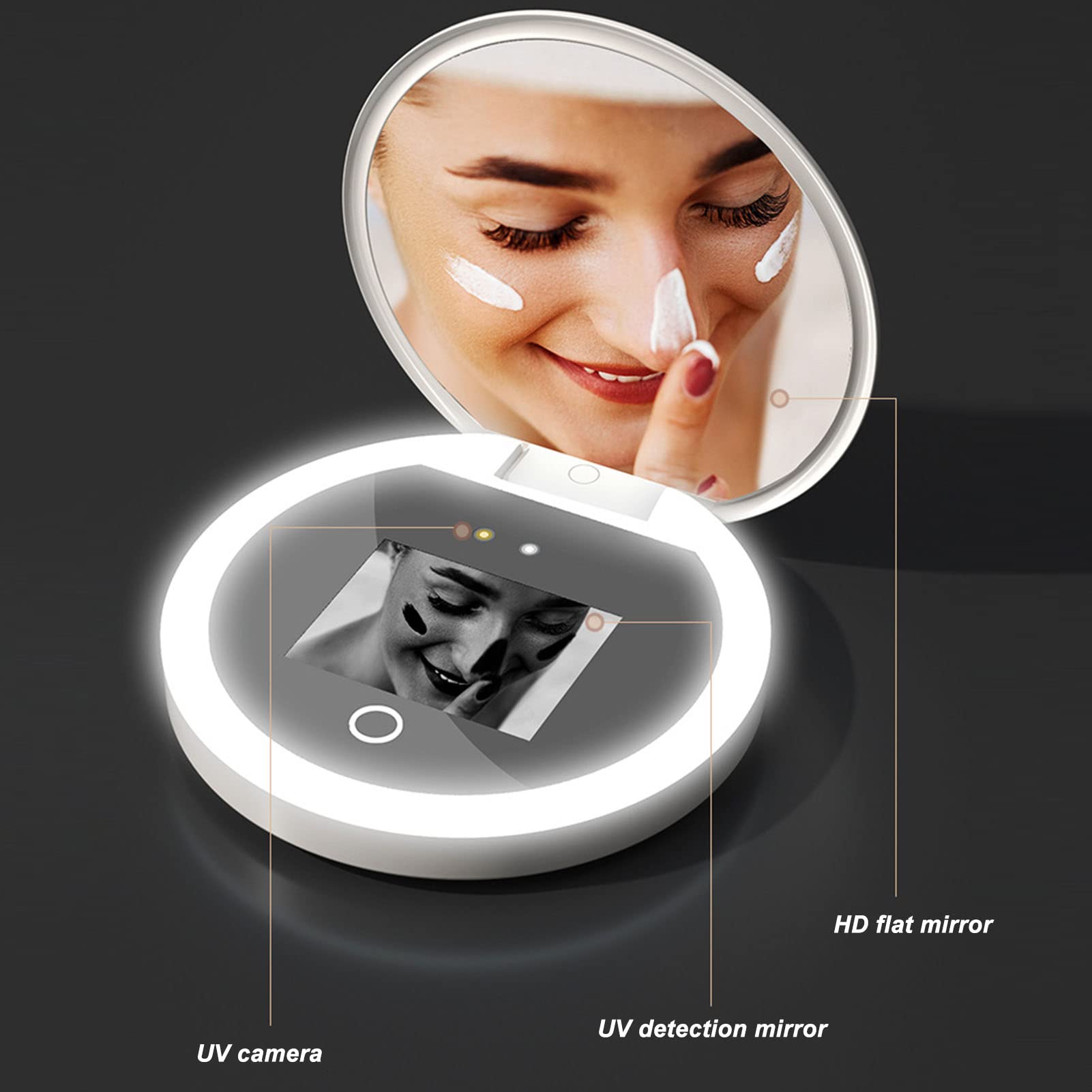 Diyeeni Compact Mirror With Uv Camera For Sunscreen Test, Travel Lighted Makeup Mirror, 2X Magnification, Portable 2 Sided Pocke