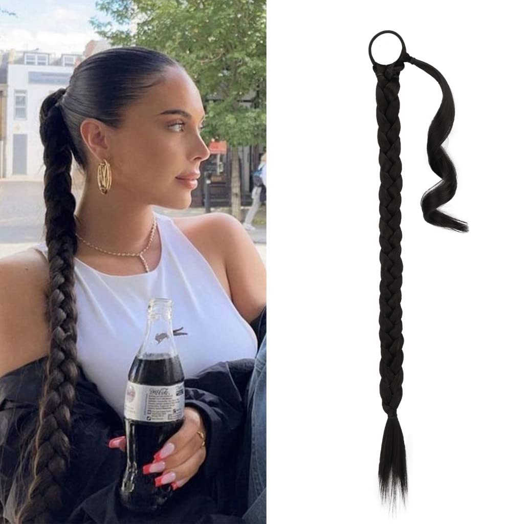 BARSDAR 30 Inch Long Braided Ponytail Extension with Hair Tie - Straight Sleek Wrap Around Black Braided Ponytail Hair Extension