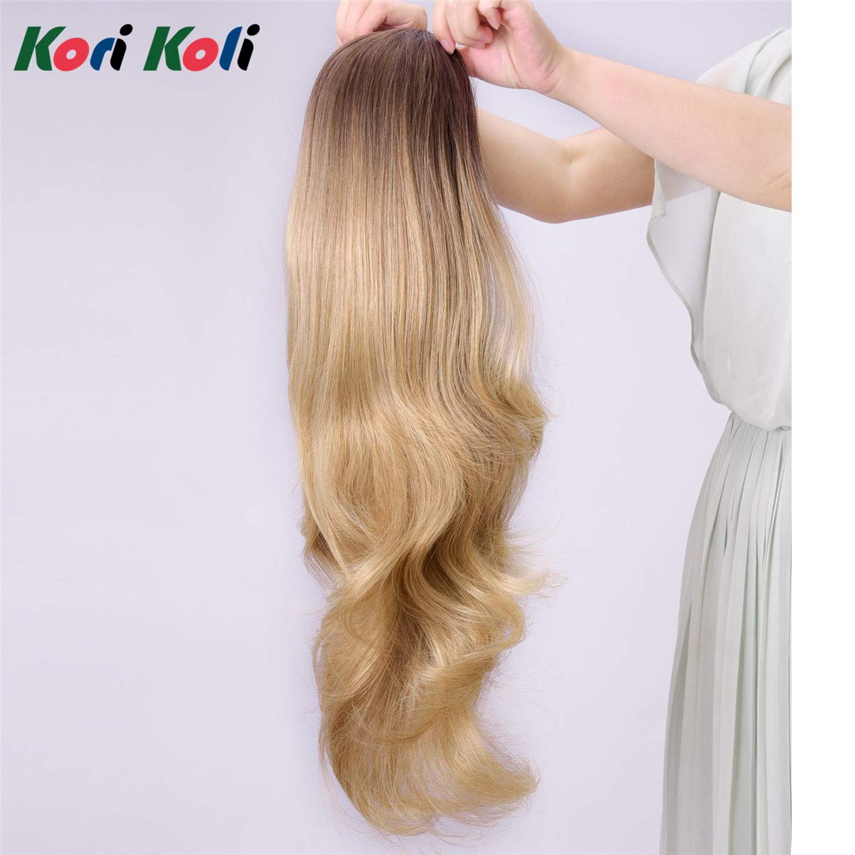 24'' Long Wavy Clip In Half Head Tied Wig Blonde Premium Japanese Synthetic Kanekalon Fibers Hair Extensions For Women 210G 7-2-