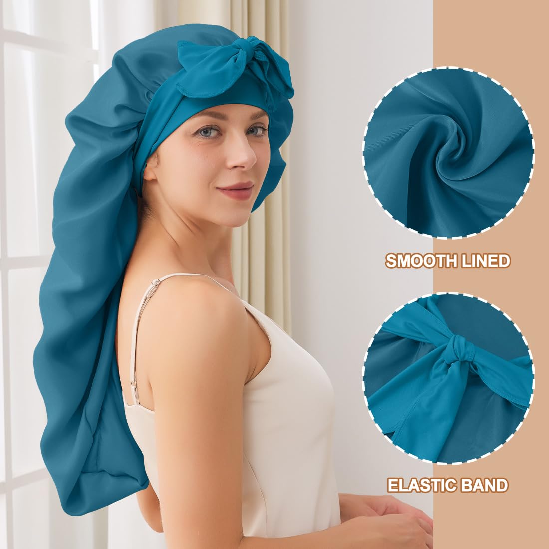 Long Satin Bonnet For Sleeping, Satin Lined Braid Bonnet With Elastic Band, Long Strap Bonnets For Women Braids(Dark Blue) Showe