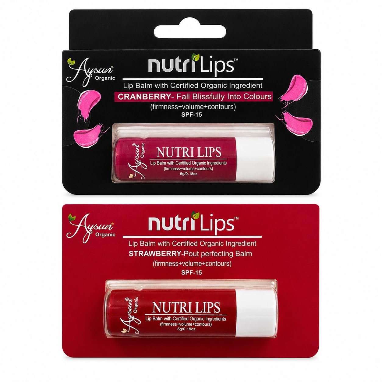 Aysun Organic Nutri Lips Cranberry & Strawberry Lip Balm Combo Pack, Certified Organic Ingredients, Spf 15 Uv Protection, Deep M