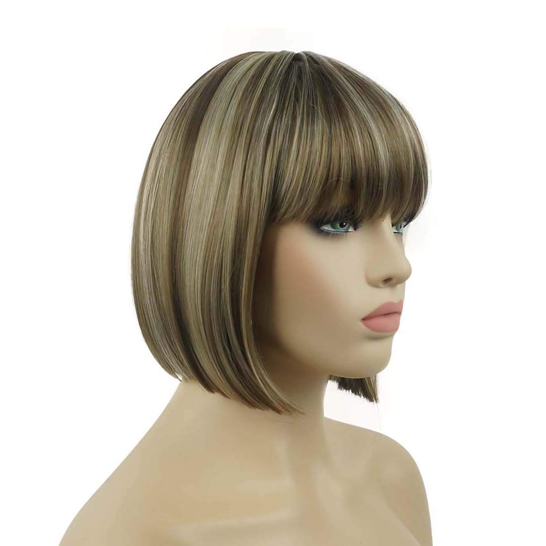 Lydell 8'' Straight Short Bob Hair Flat Bangs Cute Central Dot Skin Top Heat Resistant Synthetic Wigs (18-22 Light Ash Brown)