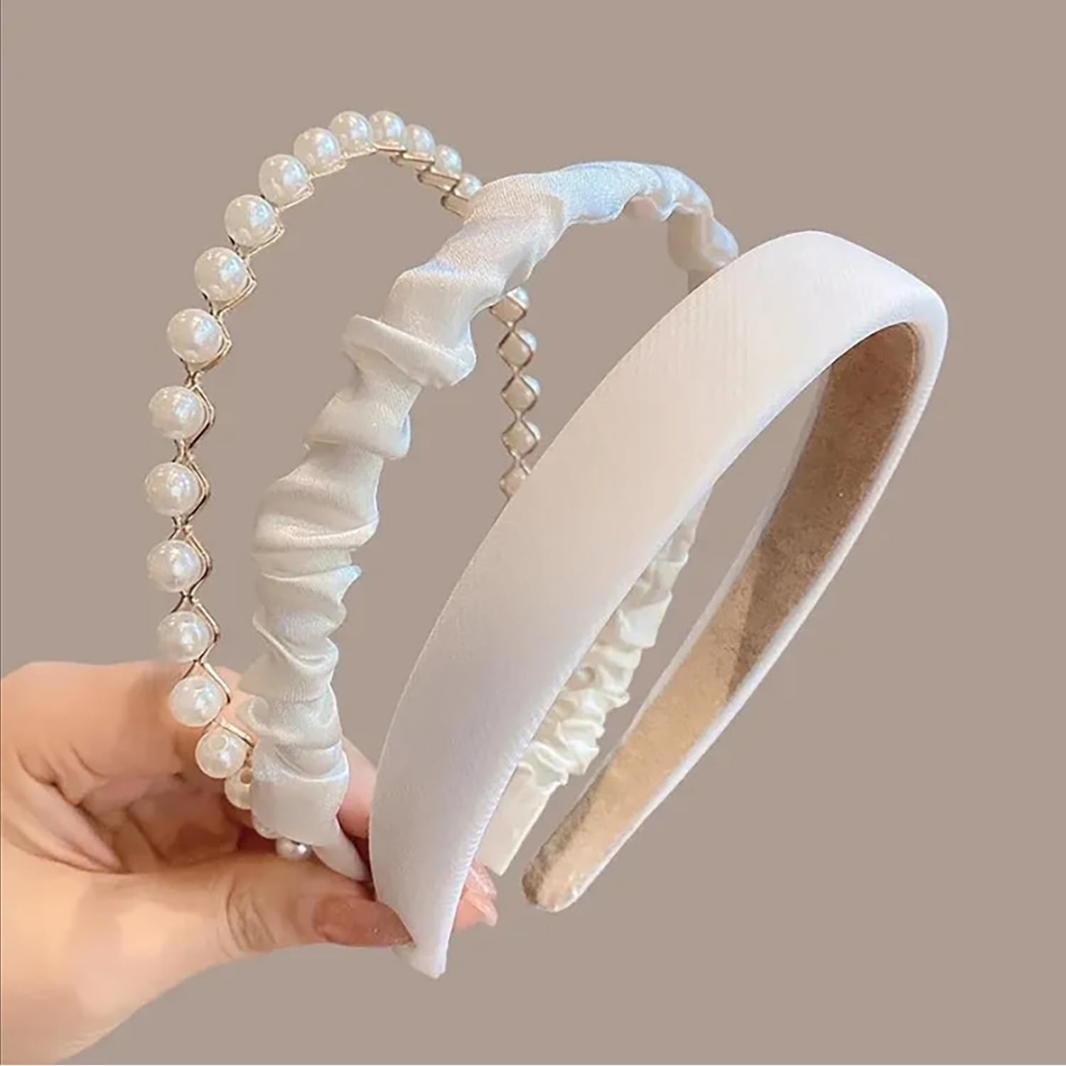 TEBIEKOY 3PCS Headbands for Women Girls, White Pearl Headband Non Slip Wide Head Bands for Womens Hair Fashion Padded Headband C