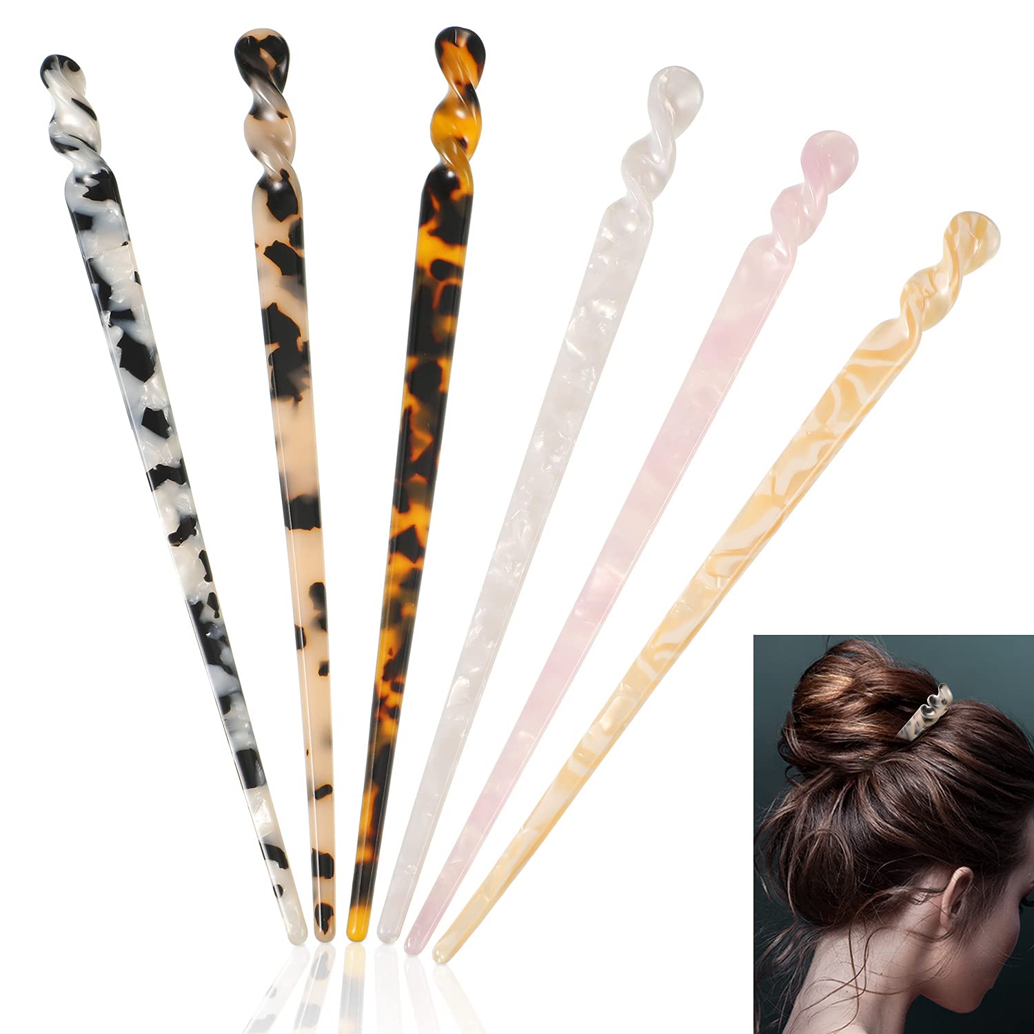 6 Pcs Acetate Hair Stick Tortoise Shell Hairpin Chopstick Hair Accessories Leopard Print Hair Pin Retro Hairpins Disk Hair Stick