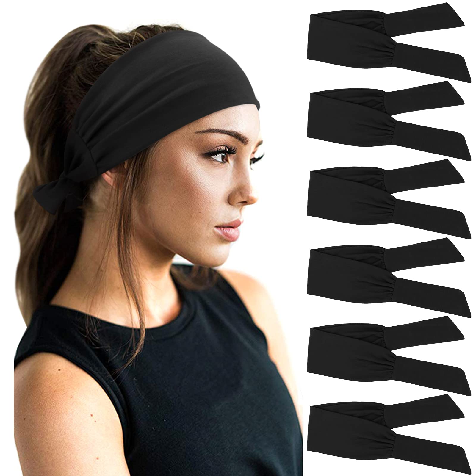 Dreshow 6 Pcs Adjustable Headbands For Women Knotted Headbands Elastic Non-Slip Fashion Hair Bands For Workout Sports Running Yo