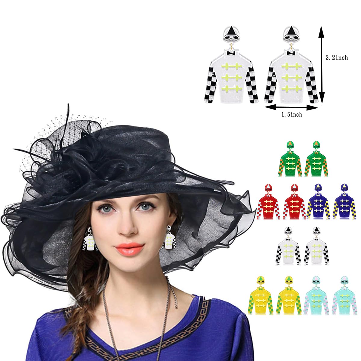 Derby Riding Suit Earrings Crystal Glitter Derby Earrings Derby Race Horse Suit Drop Dangle Earrings for Women (B Light Blue)