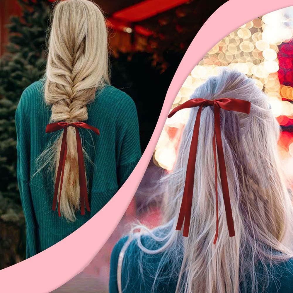 Ahoney 6Pcs Bow Hair Accessories - Ribbons With Bowknots And Long Tails, Christmas Barrettes For Women And Girls (Red)