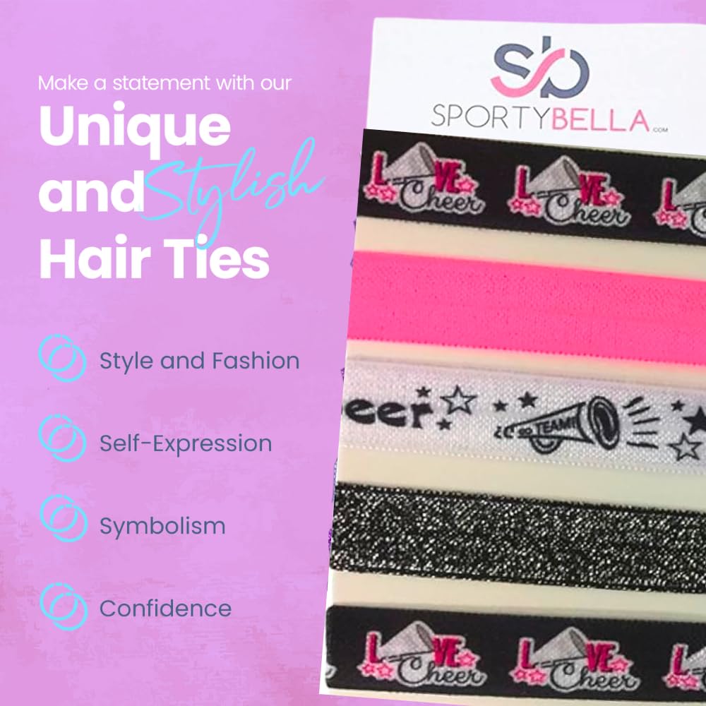 Sportybella Cheer Hair Ties (Pink)- Hair Accessories For Girls, Women, Teens & Kids. No Crease, No Tug Elastic Hair Ties Set. Po