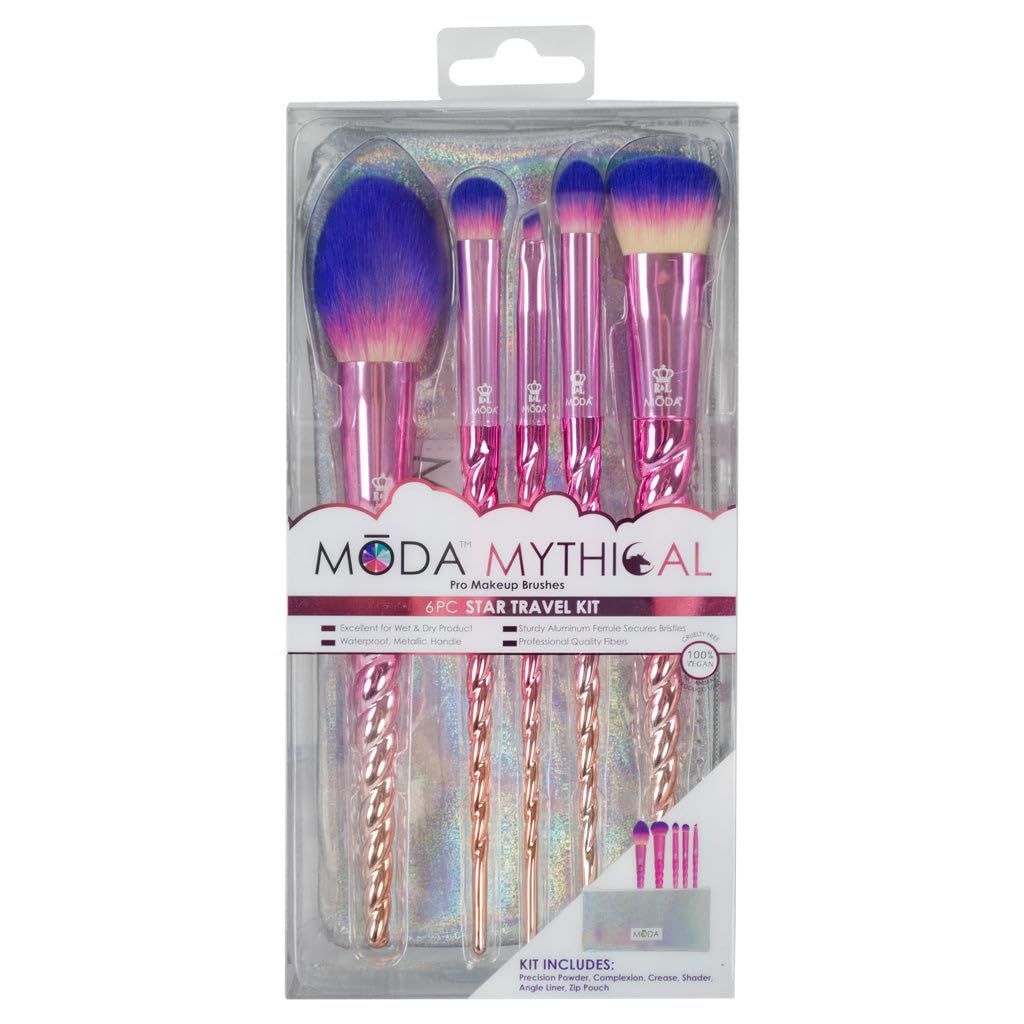 Moda Mythical, Full Size Star Traveler 6Pc Unicorn Makeup Brush Set With Pouch, Includes - Blush, Complexion, Domed Shadow, Crea
