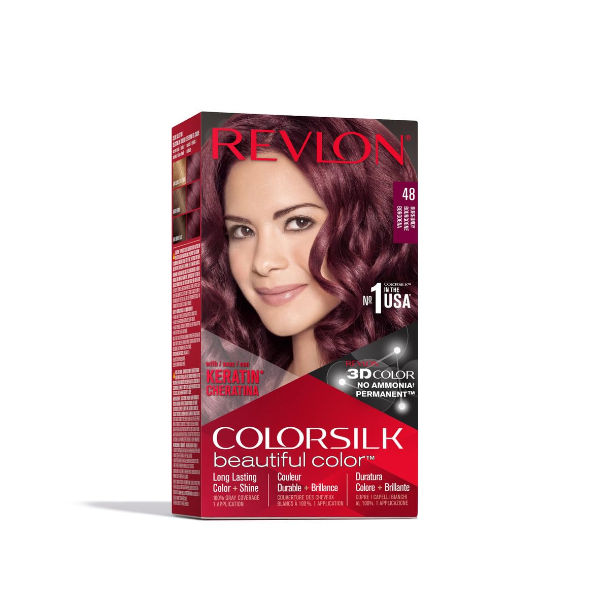 REVLON Colorsilk Beautiful Color Permanent Hair Color with 3D Gel Technology Keratin 100 Gray Coverage Hair Dye, 48 Burgundy, 1 