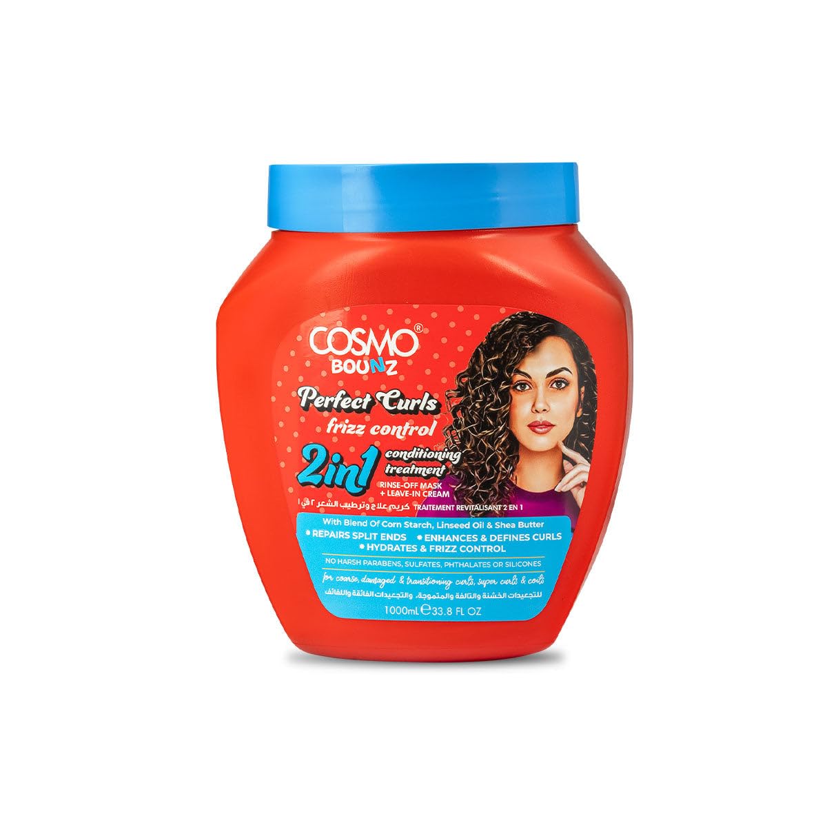 Cosmo Bounz Hair Care Perfect Curls Frizz Control 2 In 1 Conditioning Treatment 1000ml Red, Anti Frizz Hair Treatment Cream, Hyd