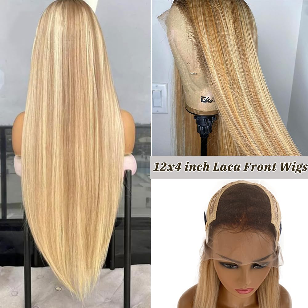Straight Highlight Lace Front Wigs Human Hair 13  4 Lace Wigs For Women,Ombre Medium Brown With Golden Blonde Highlights Silky S