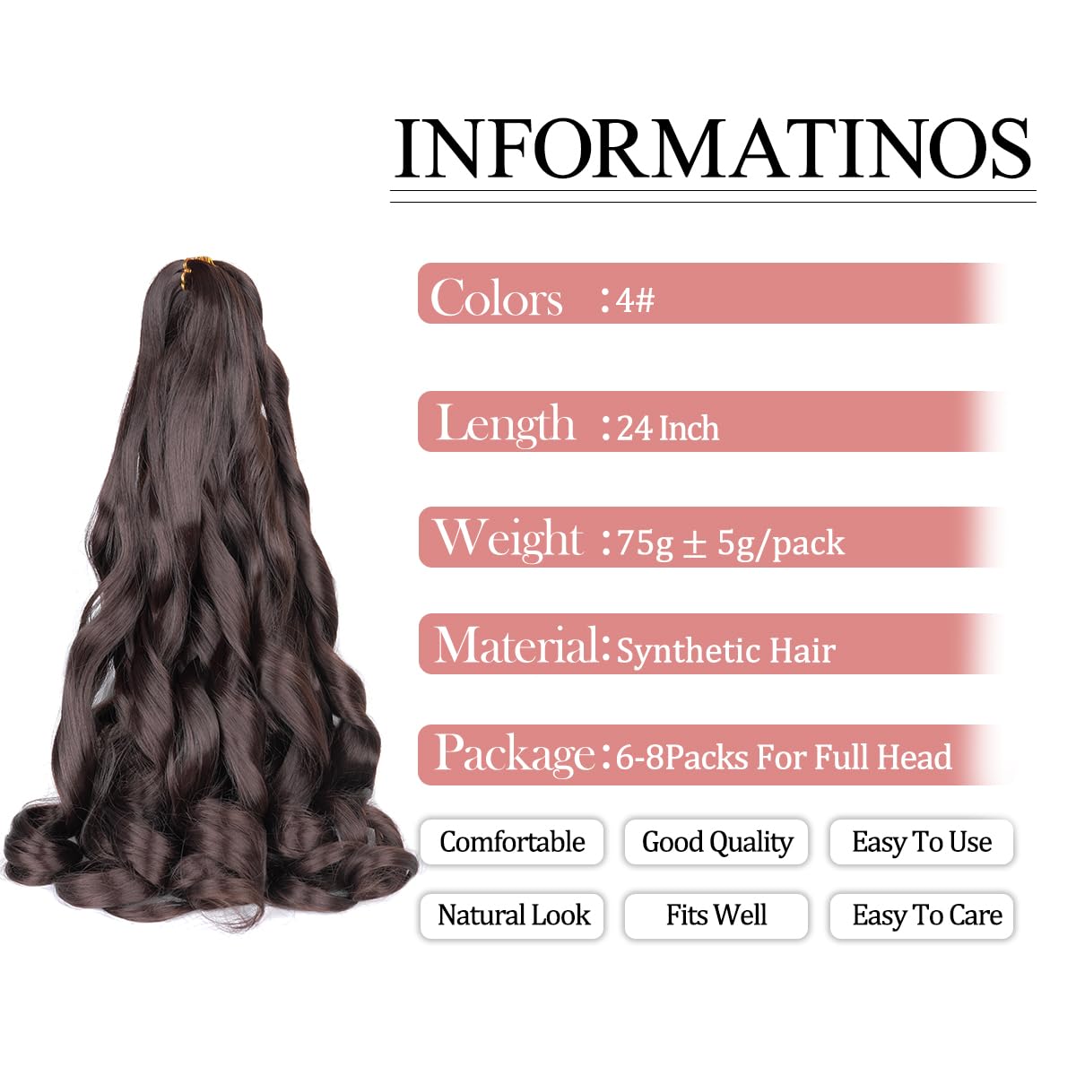 French Curl Braiding Hair 24 Inch 2 Packs #4 Brown Synthetic Loose Wave Bouncy Crochet Hair Pre Stretched 75G/Pack Curly Braidin
