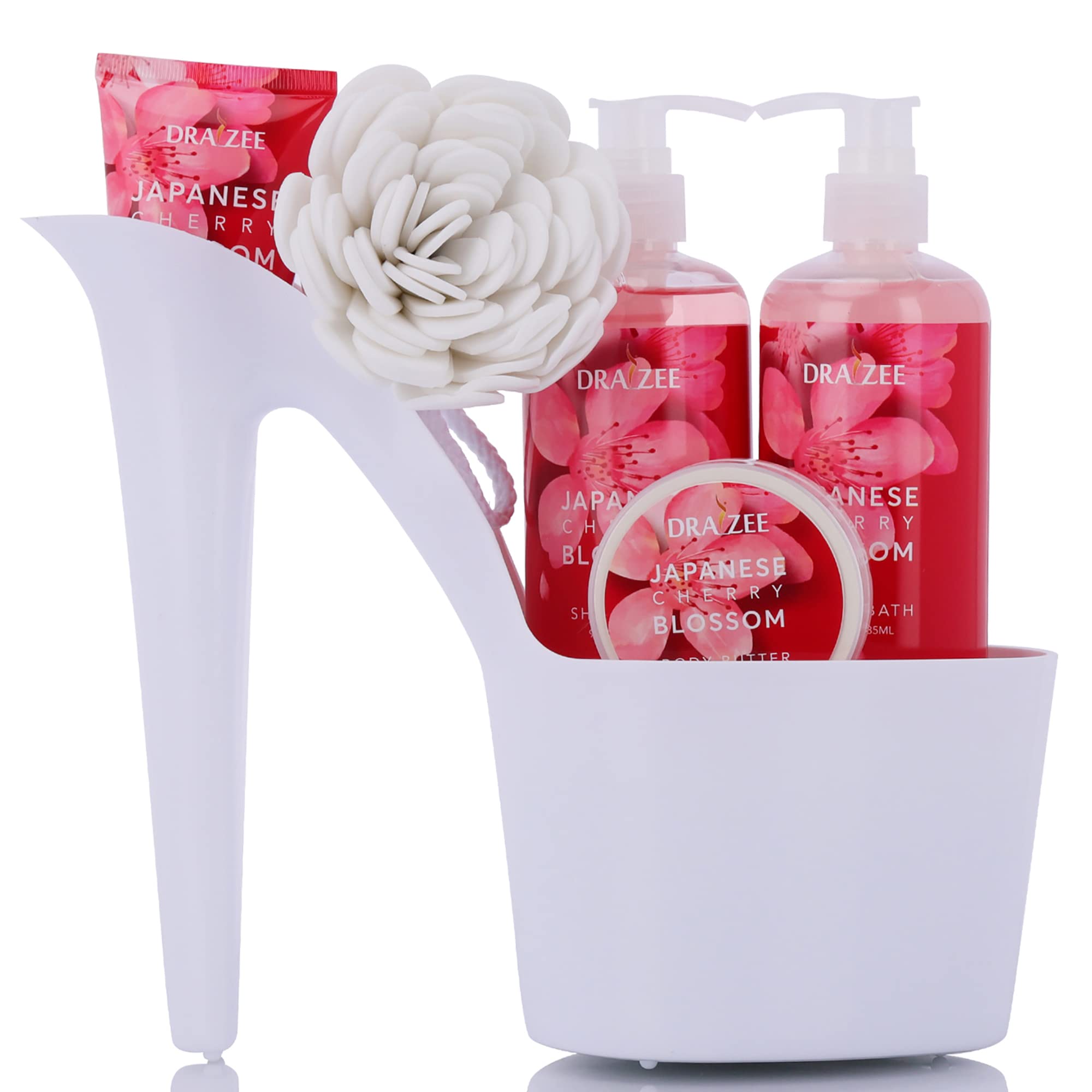 Spa Gift For Women - 5 Pcs Luxury Heel Shoe Spa Basket For Women Cherry Blossom Home Relaxation Set W/ Body Lotion & Butter, Sho