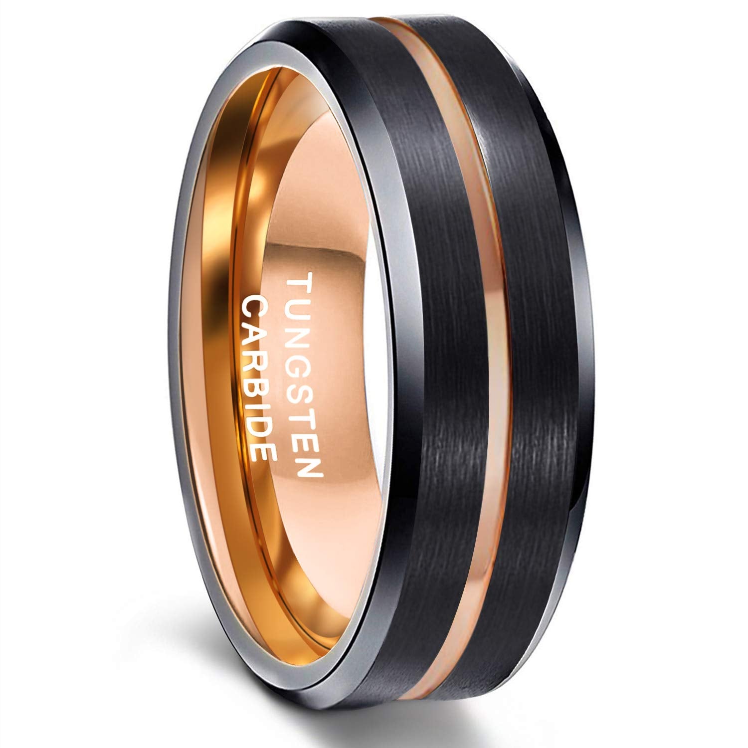 Greenpod 8mm Tungsten Carbide Ring for Men Black Matte Finish Rose Gold Thin Groove Comfort Fit Size 13.5