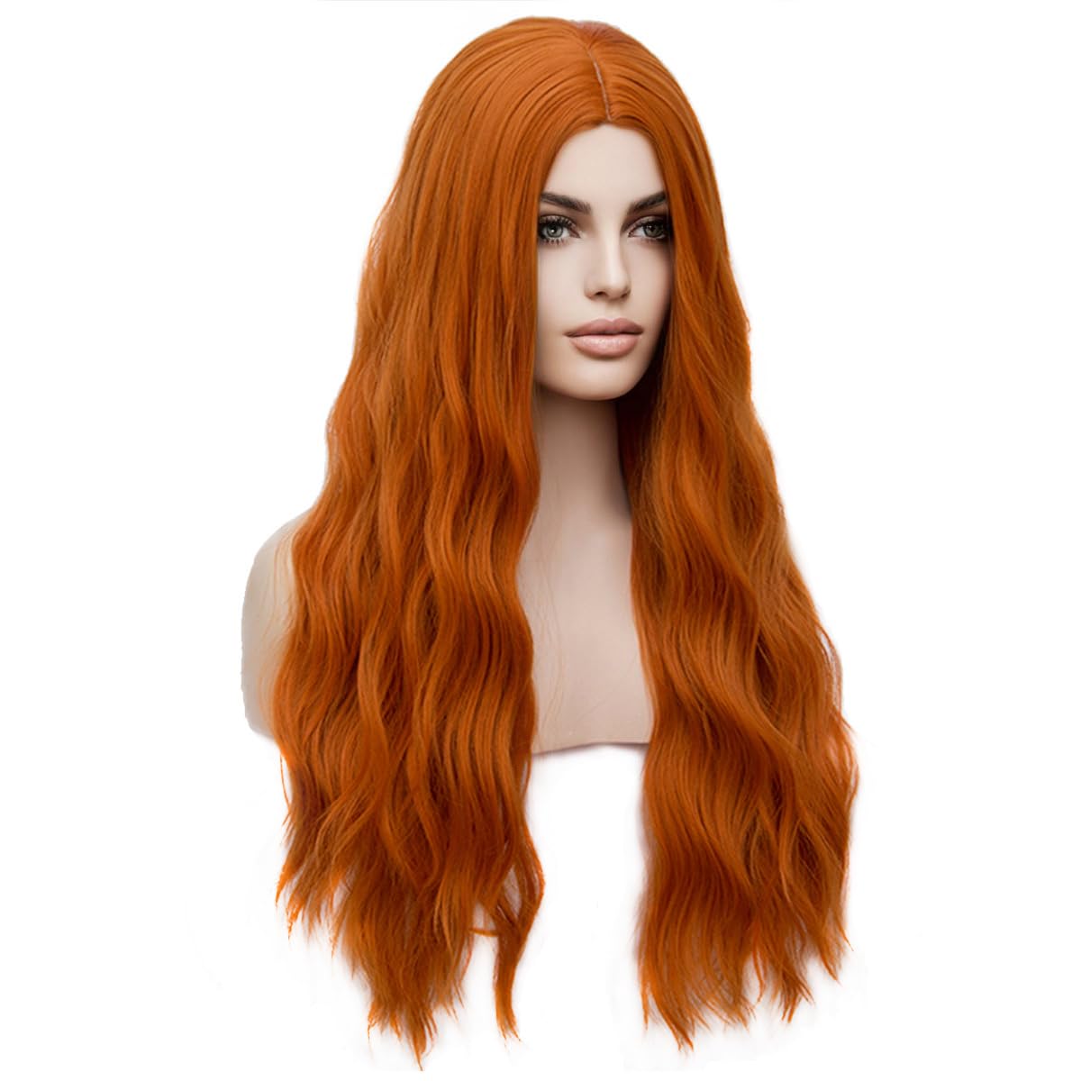Pattnium 27 Inches Orange Wig Long Wavy Wig Dark Orange Wig For Women Girls Milddle Part Ginger Wig Heat Resistant Synthetic Hai