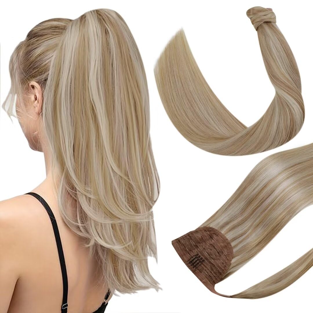 Hetto Wrap Around Ponytail Extension Human Hair 22 Inch 100G Magic Paste Ponytail Hair Extensions Real Hair #14/613 Blonde Human