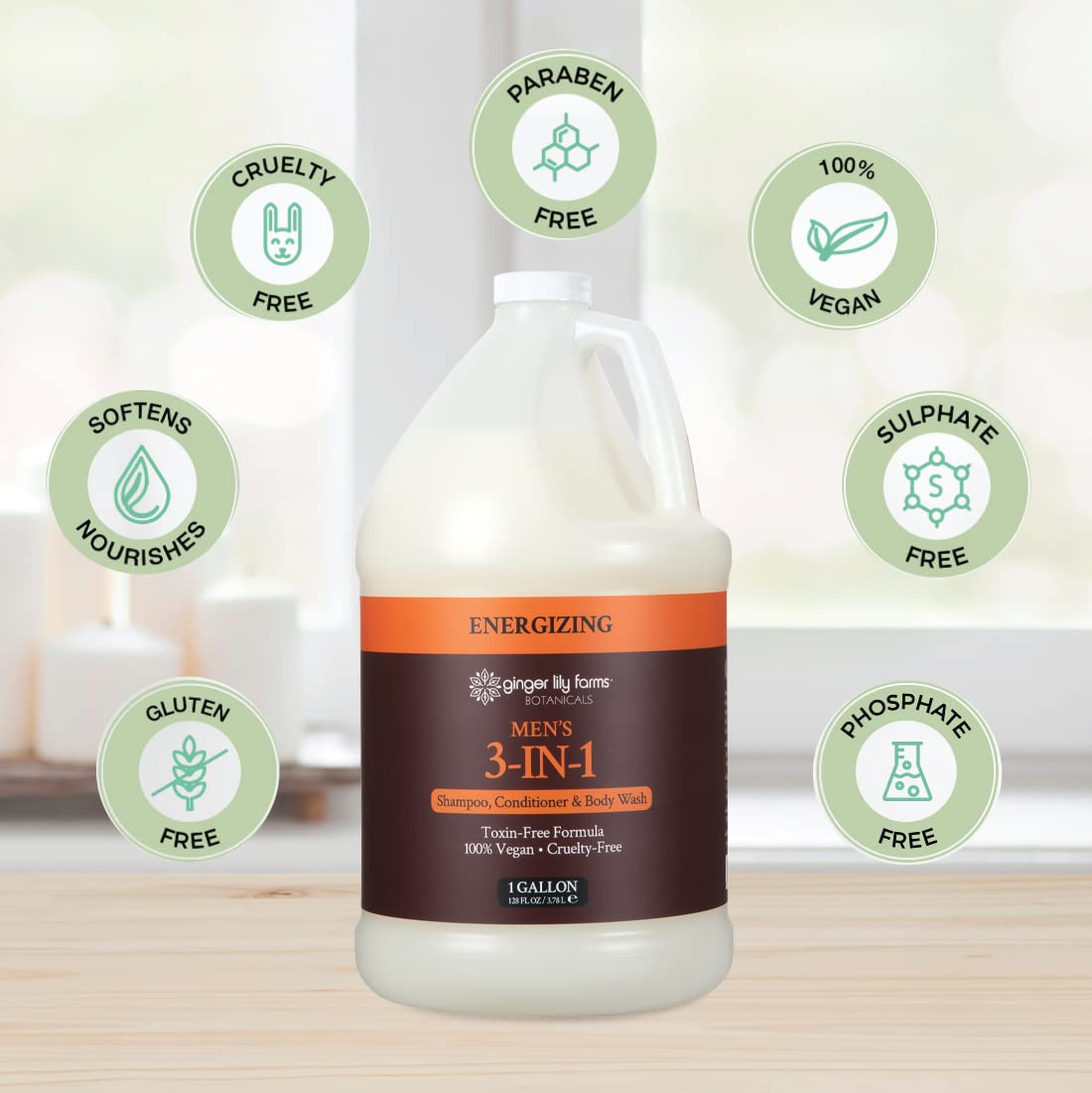 Ginger Lily Farms Botanicals Men'S 3-In-1 Shampoo, Conditioner & Body Wash, 100% Vegan & Cruelty-Free, Energizing Scent, 1 Gallo