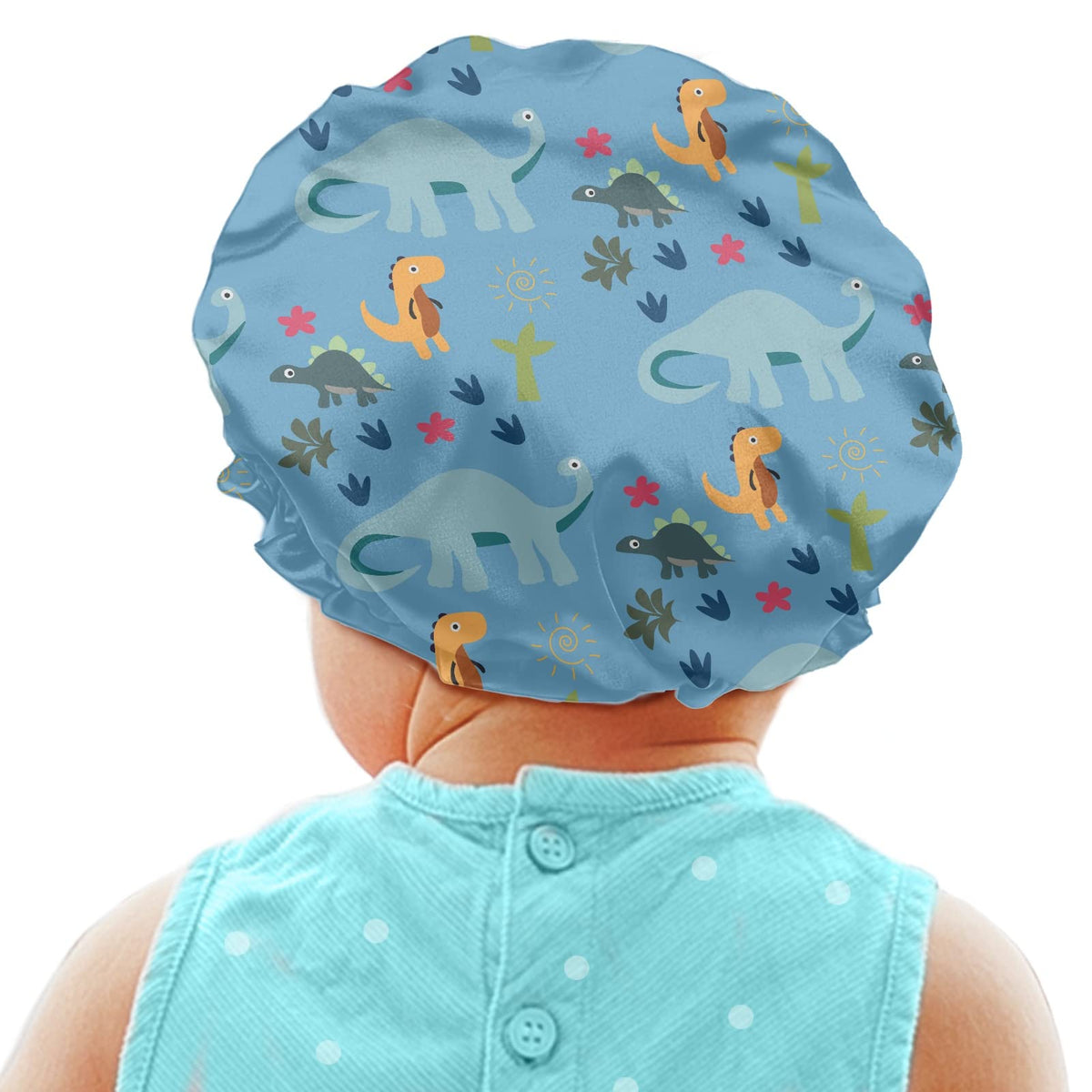 Babrukda Dinosaur Blue Print Kids Satin Sleep Cap, Elastic Adjustable Band Hat Night Sleeping Head Cover for Hair Stylish Satin 