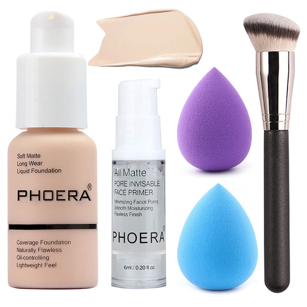5PCS Liquid Foundation Set Matte Liquid Full Coverage Oil Control Breathable Invisible Cover Concealer Foundation with Face Prim